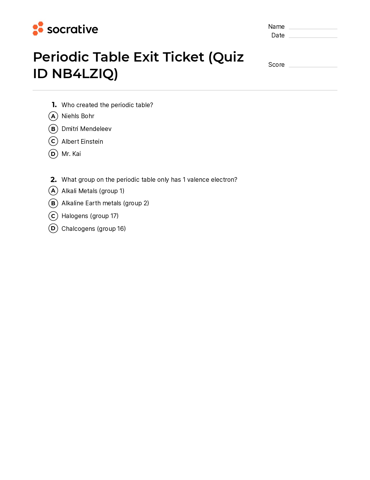 Periodic Table Exit Ticket