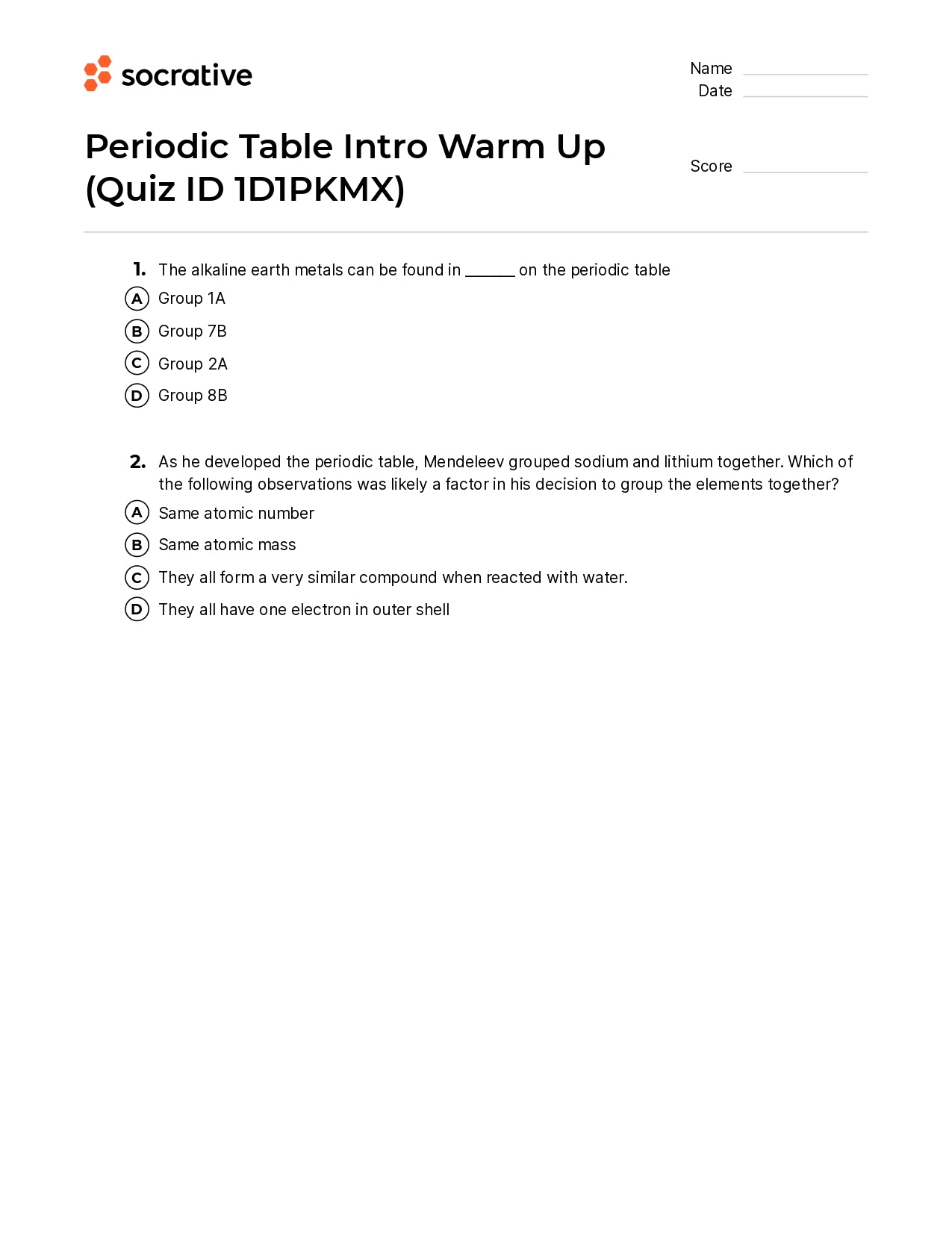 Periodic Table Intro Warm Up