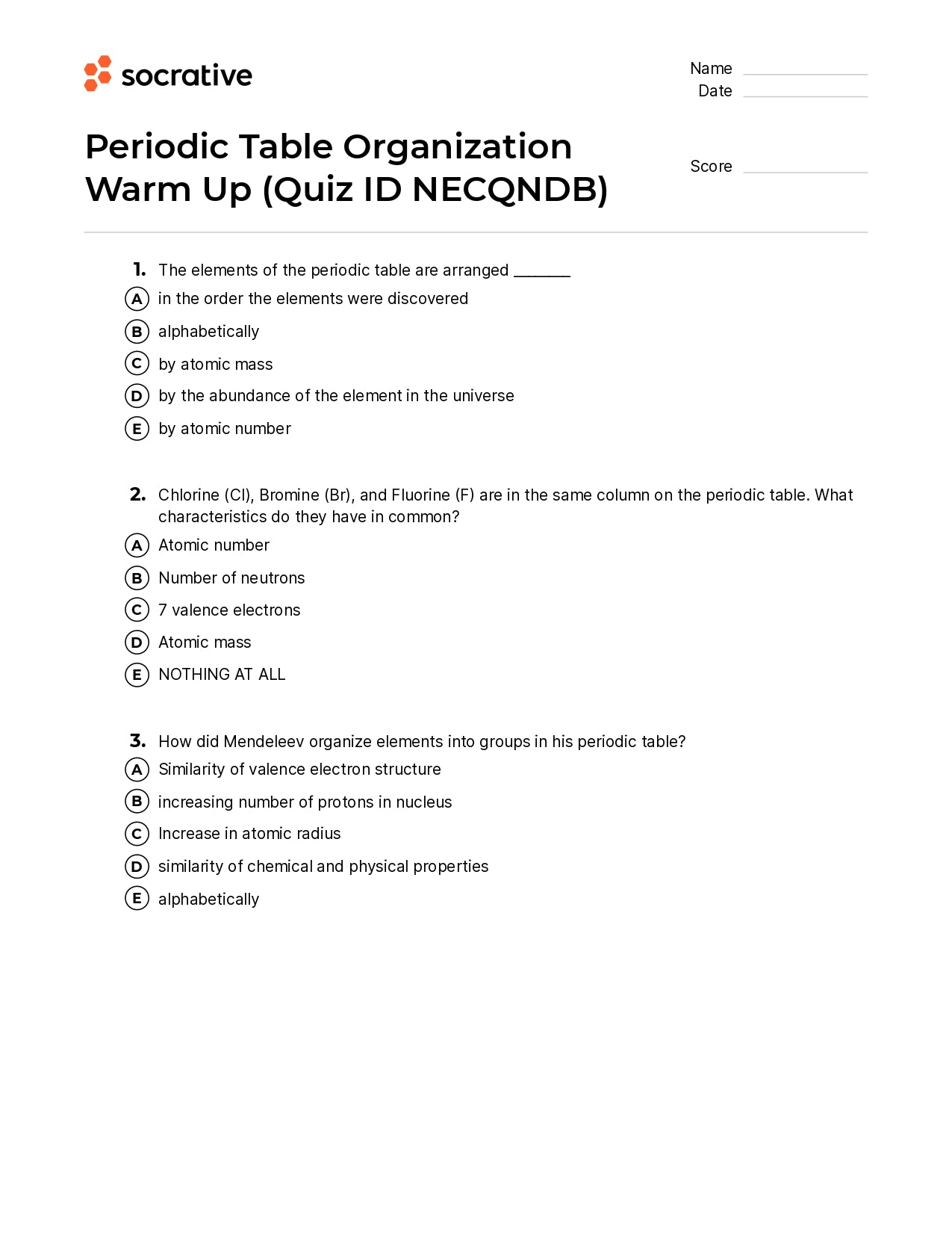 Periodic Table Organization Warm Up