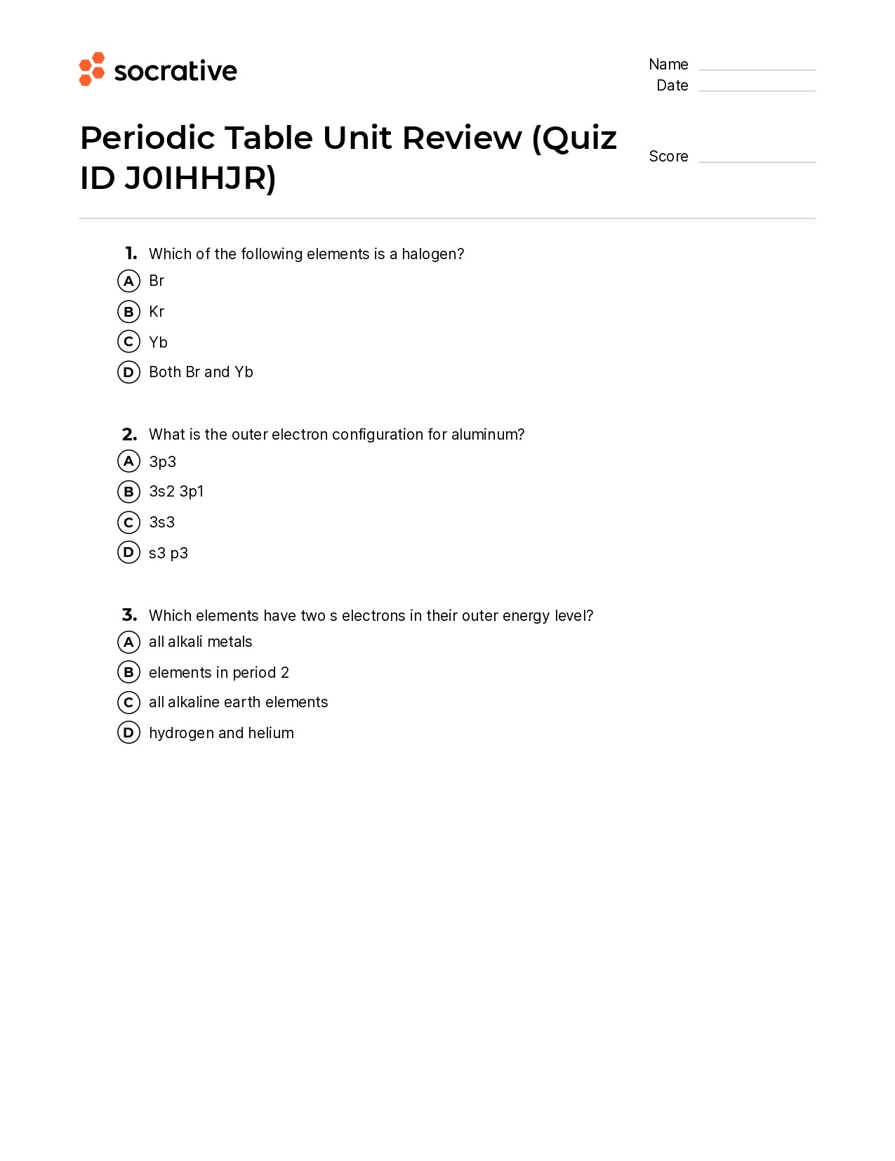 Periodic Table Unit Review