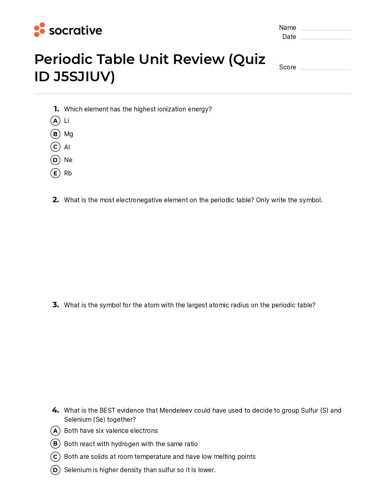 Periodic Table Unit Review