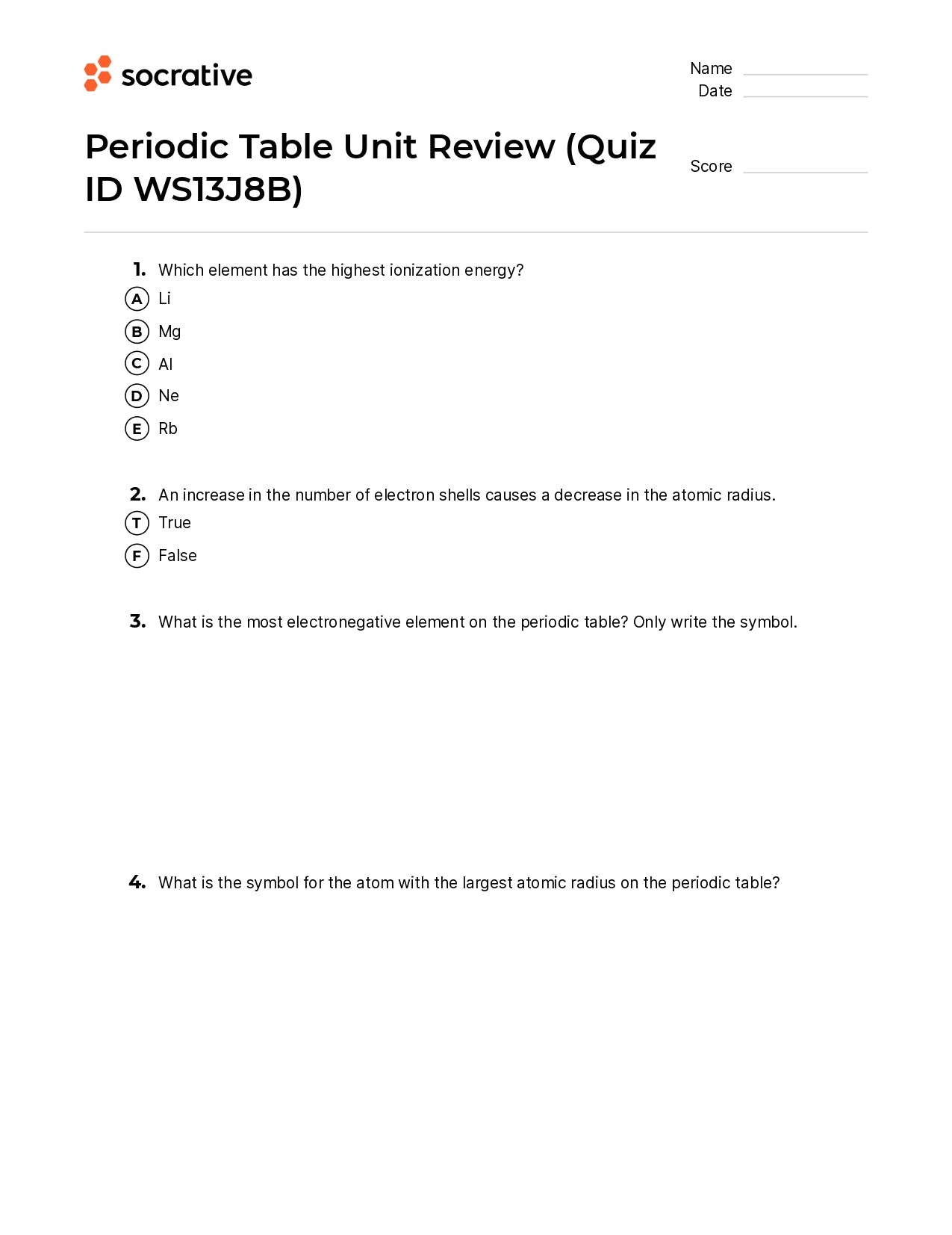 Periodic Table Unit Review