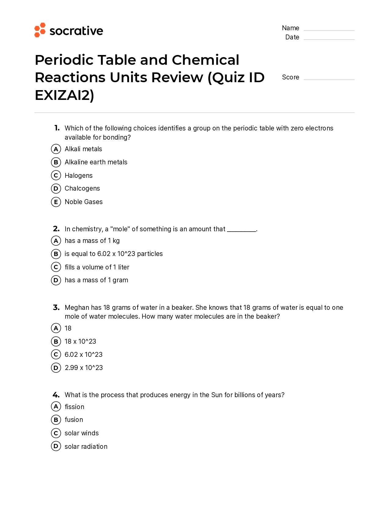 Periodic Table And Chemical Reactions Units Review