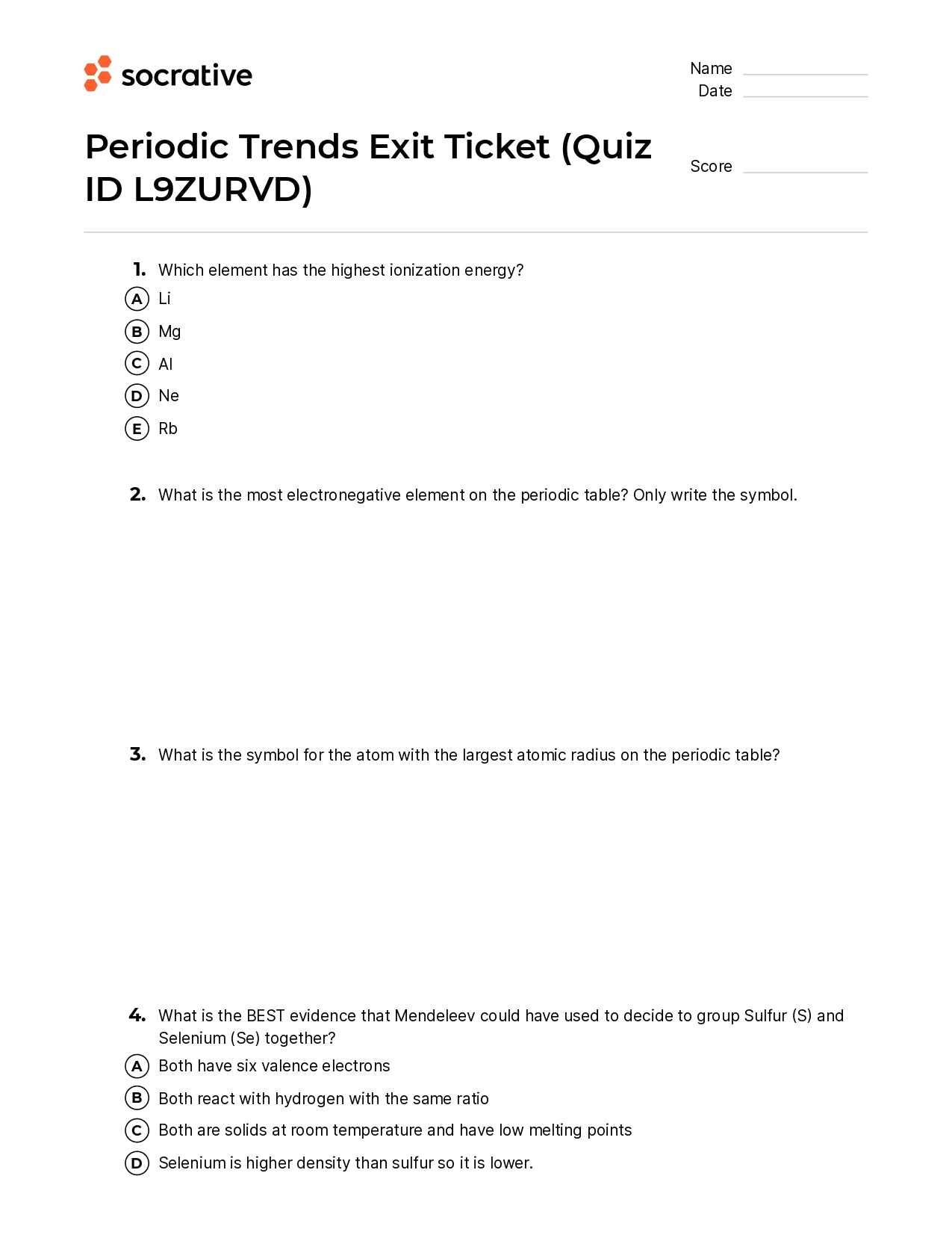 Periodic Trends Exit Ticket