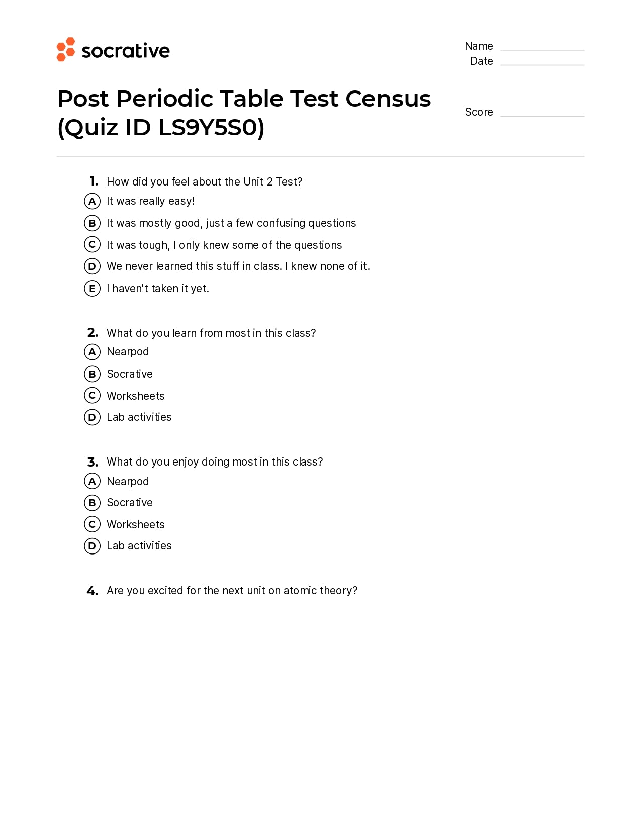 Post Periodic Table Test Census
