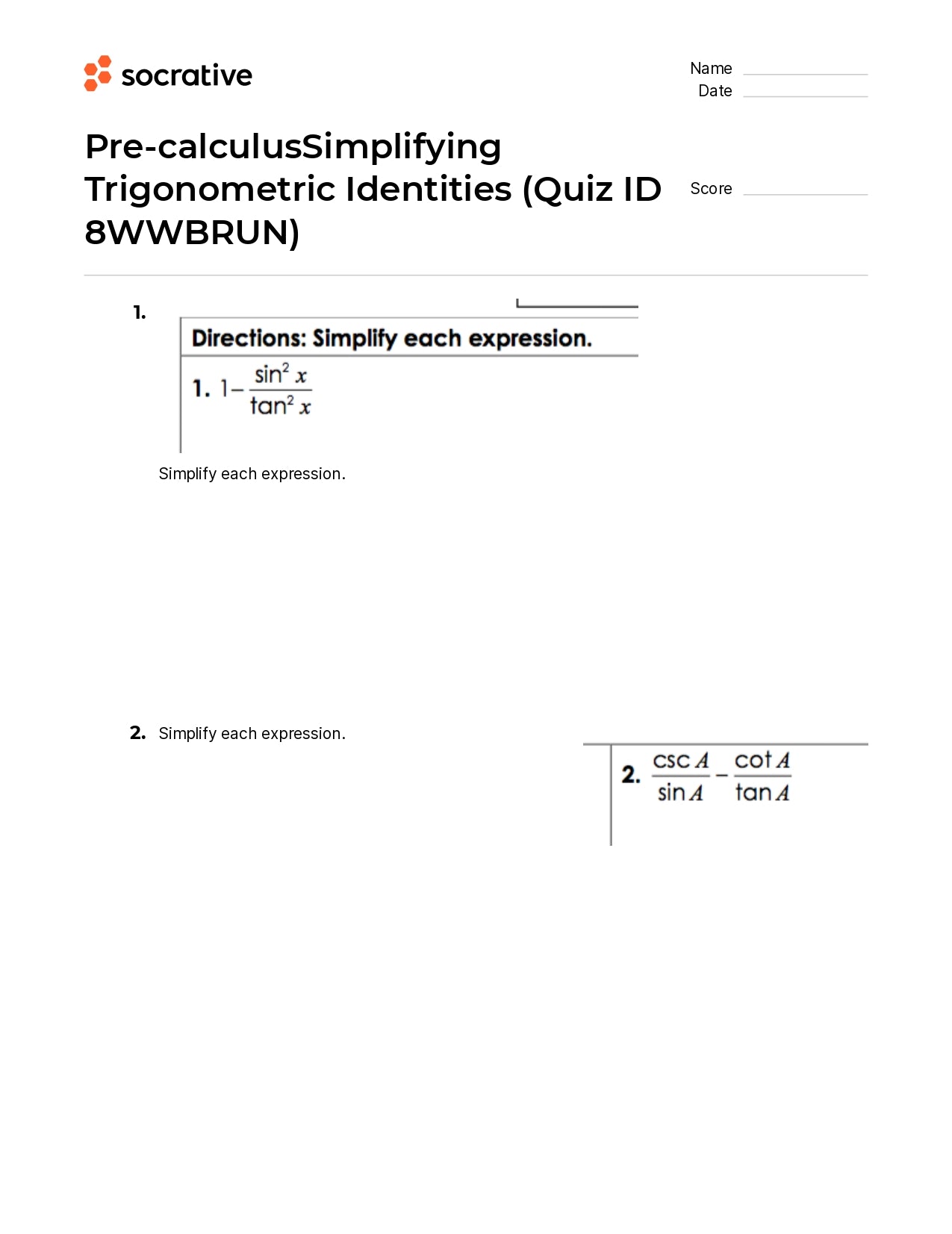 Simplifying Trig Identities Worksheet