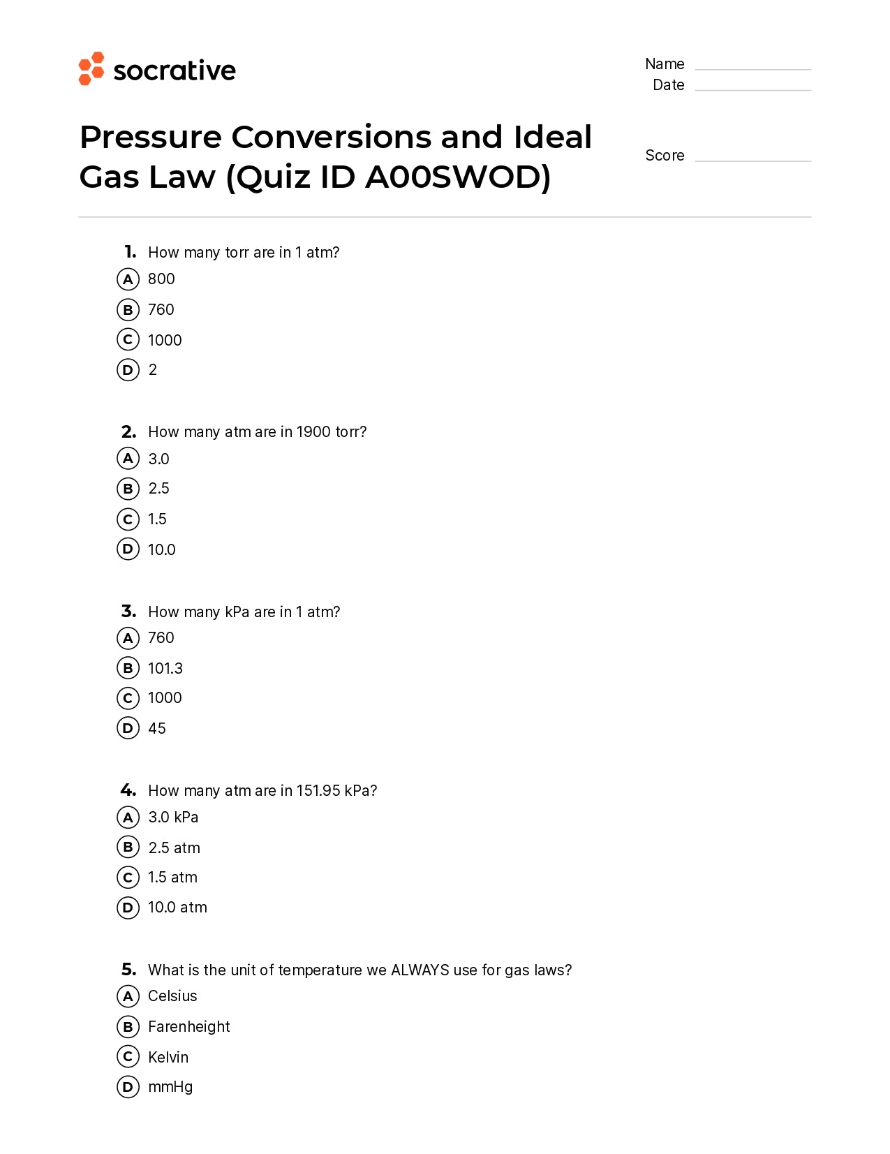 Pressure Conversions And Ideal Gas Law