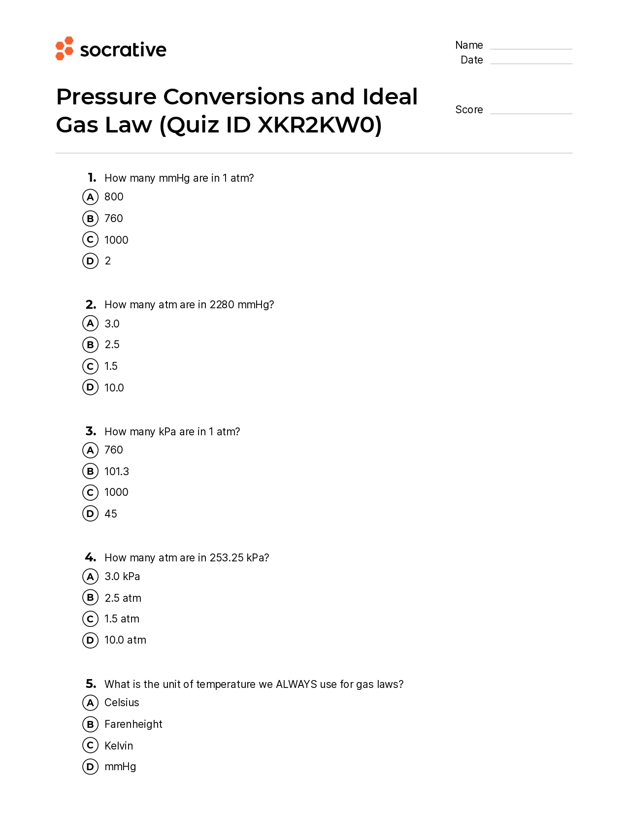 Pressure Conversions And Ideal Gas Law