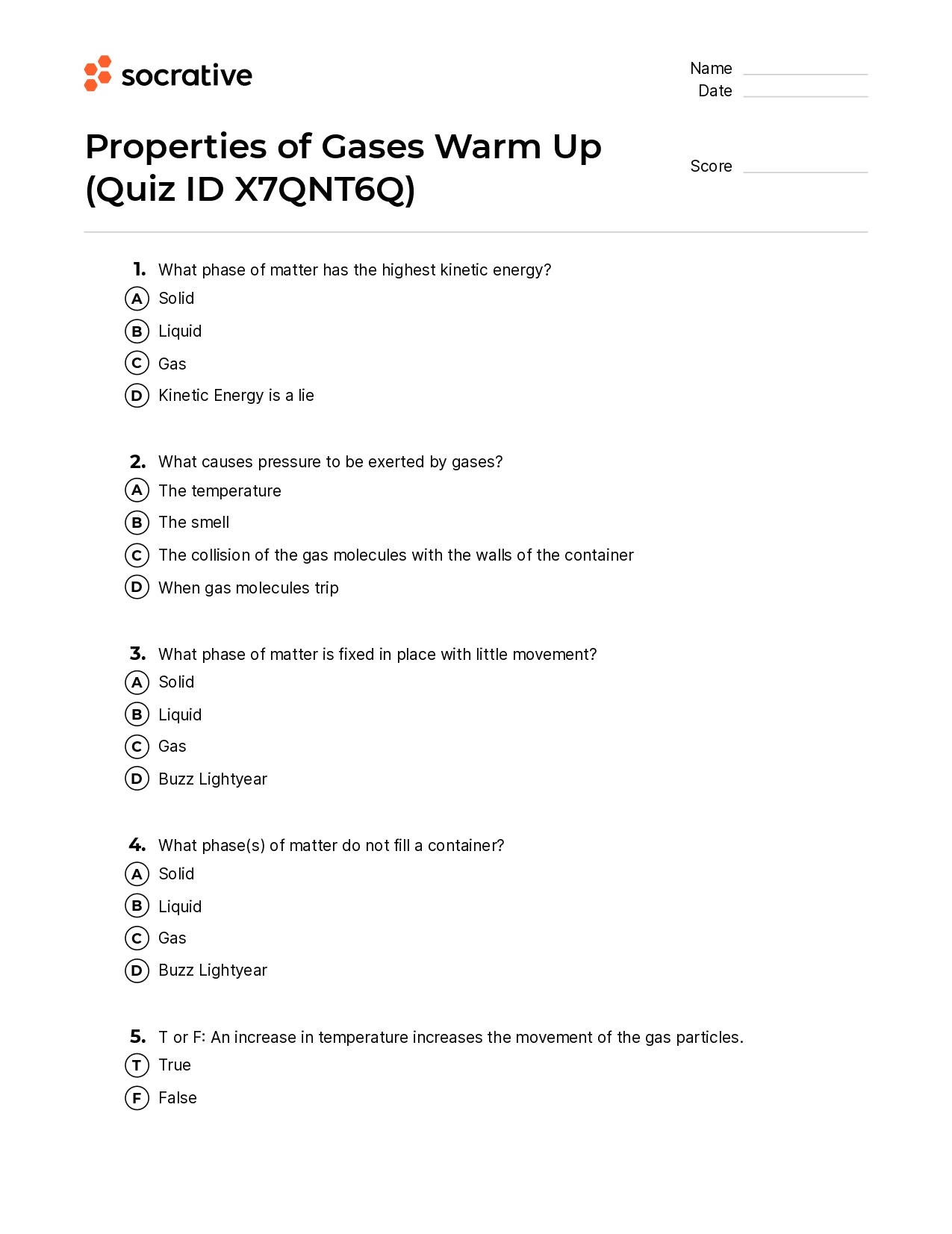 Properties Of Gases Warm Up