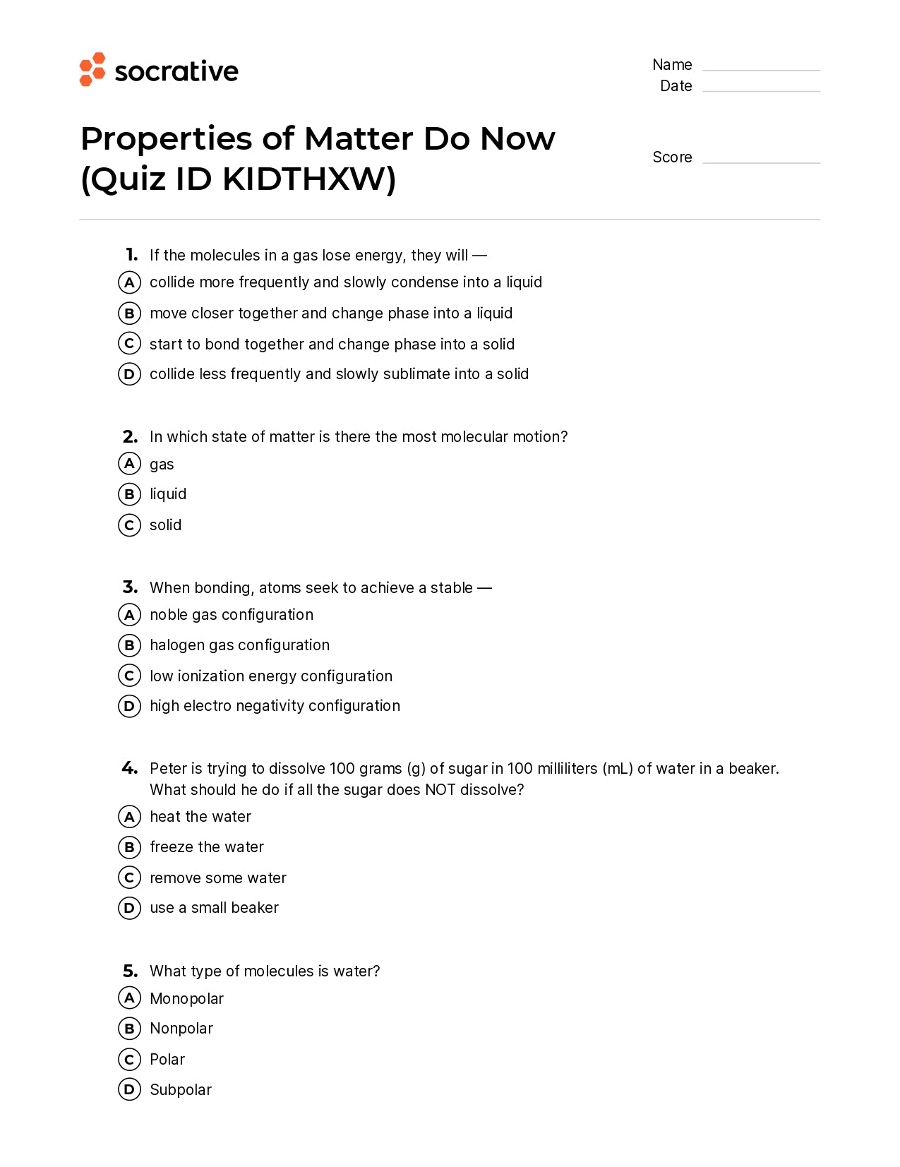 Properties Of Matter Do Now