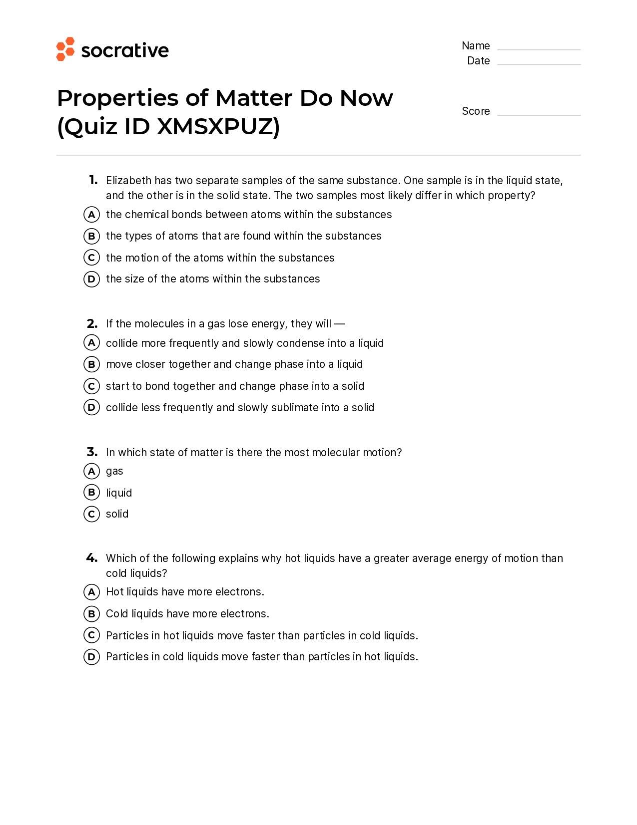 Properties Of Matter Do Now