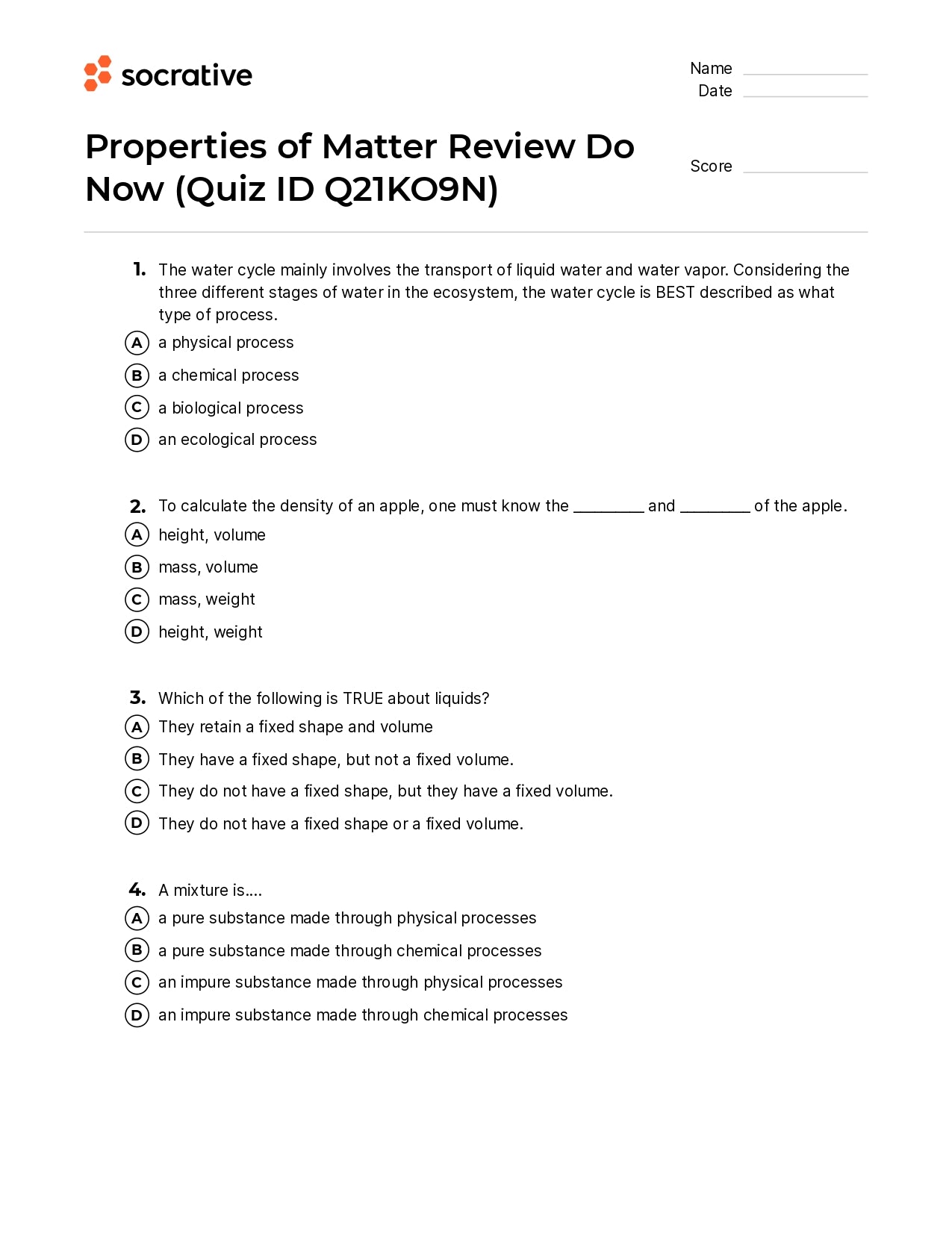 Properties Of Matter Review Do Now