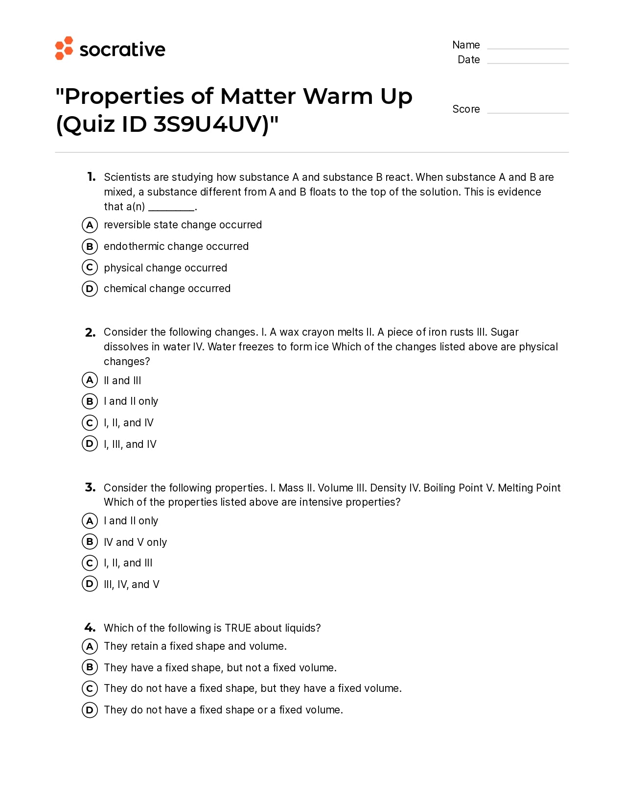 Properties Of Matter Warm Up