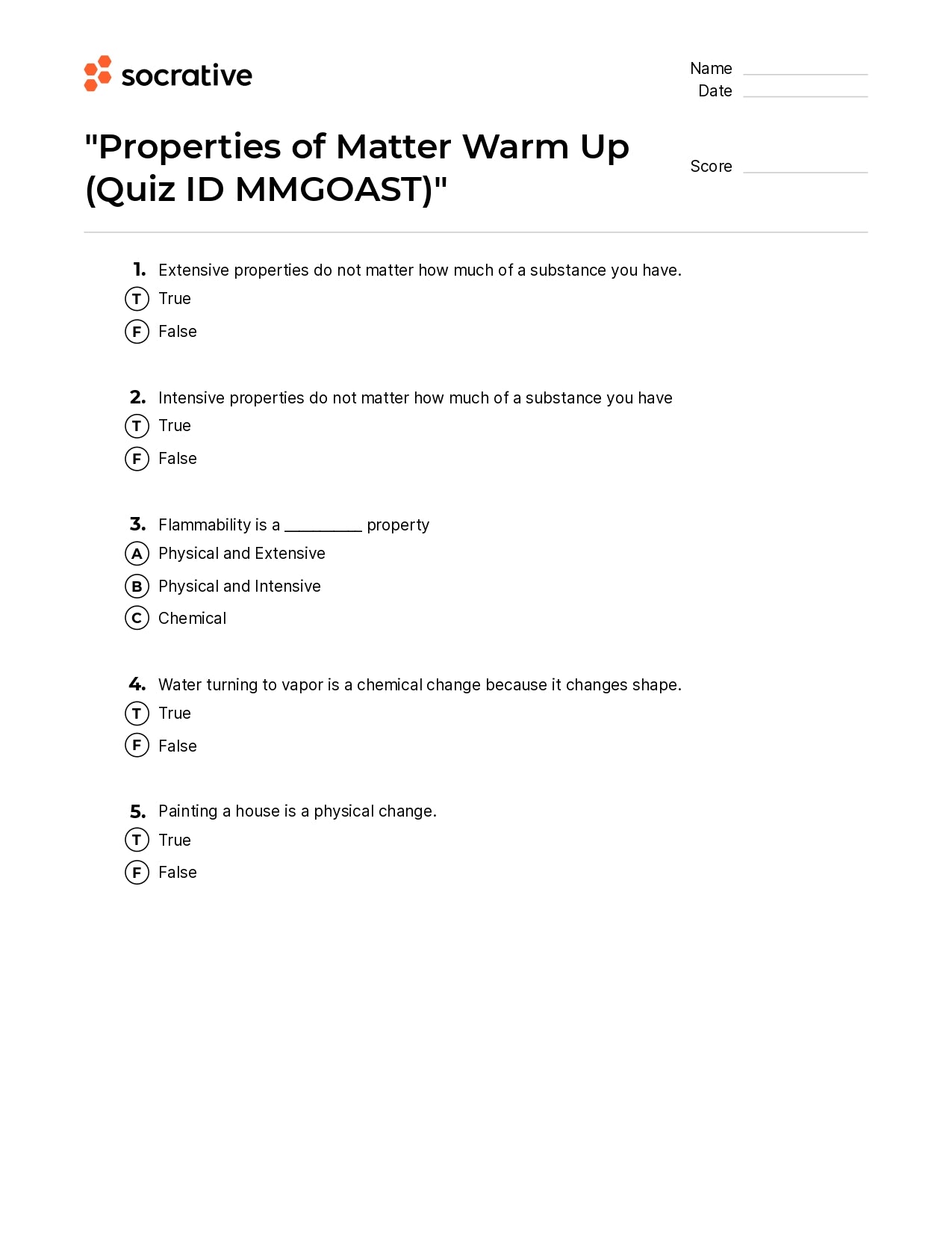 Properties Of Matter Warm Up