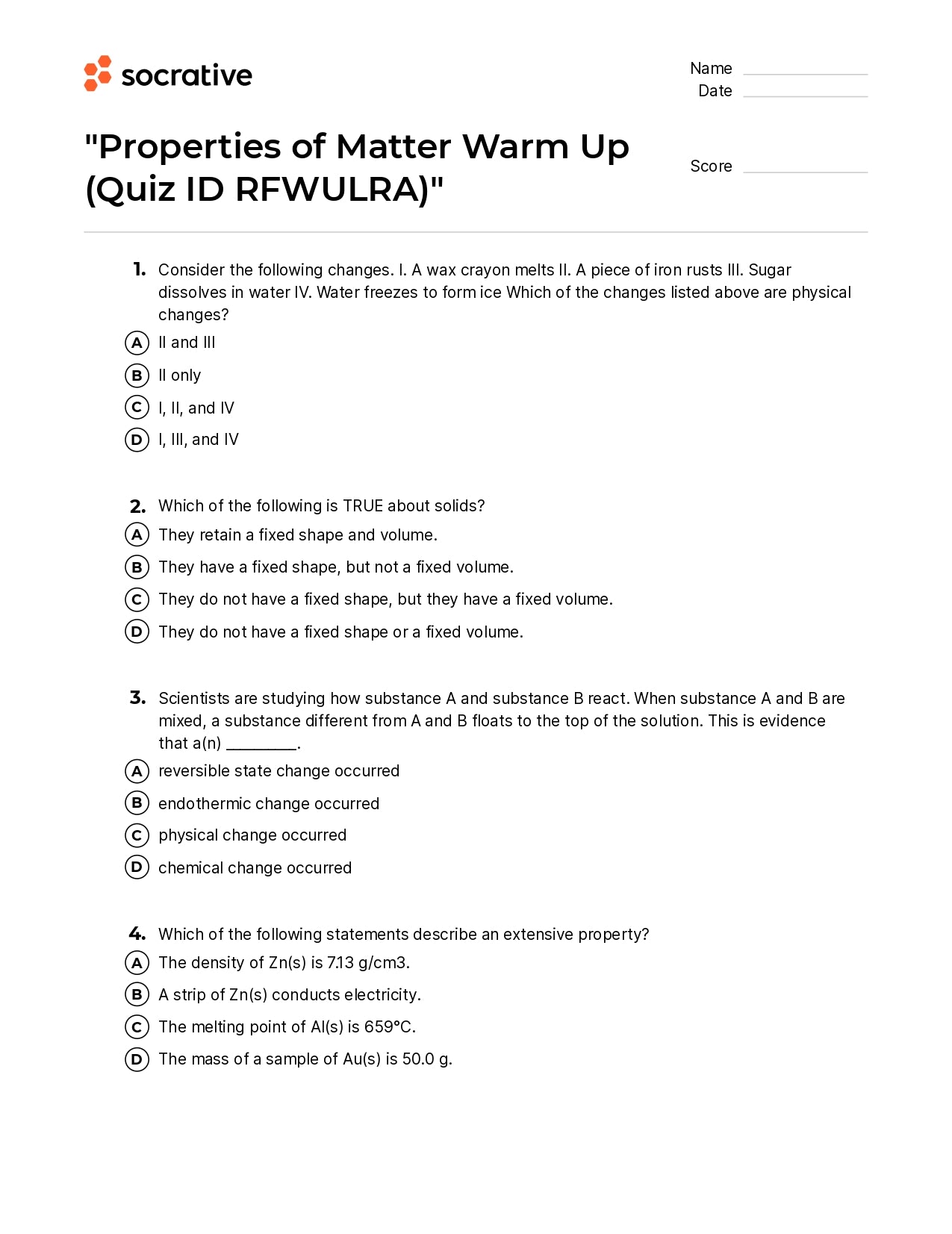 Properties Of Matter Warm Up