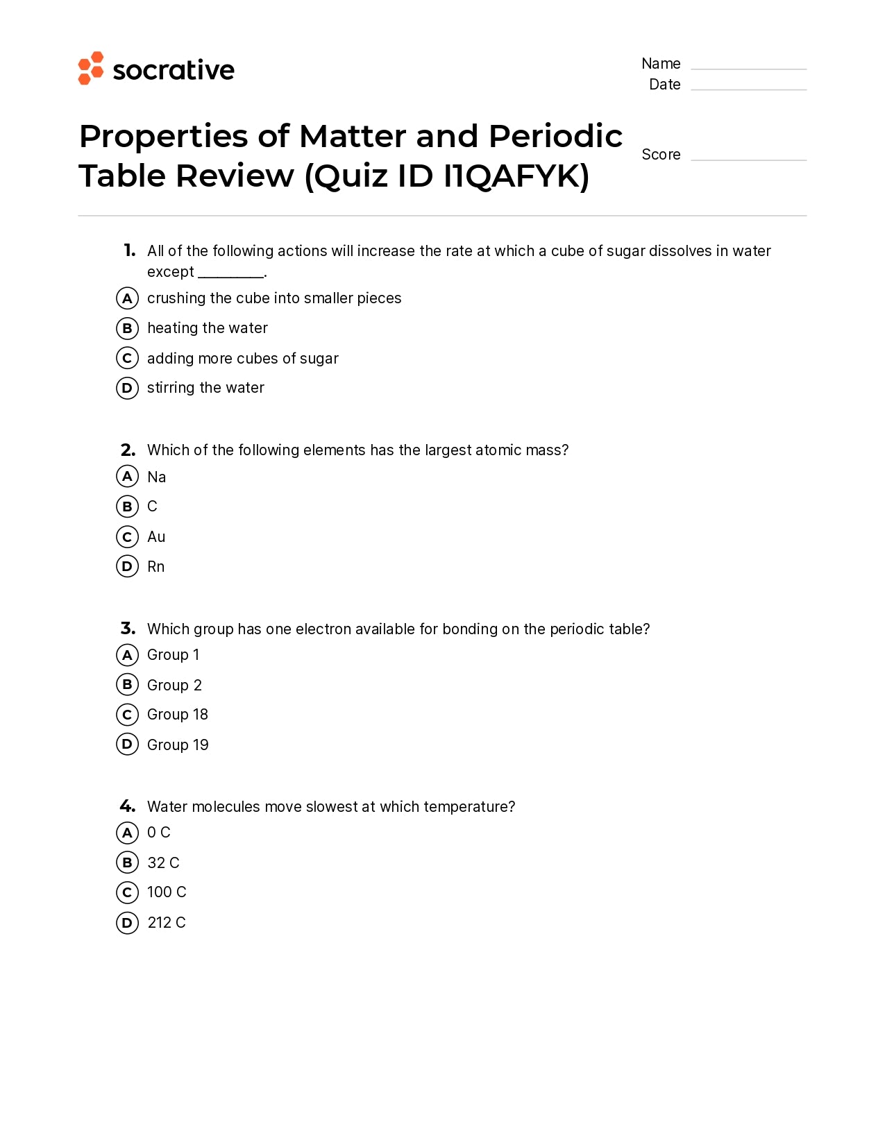 Properties Of Matter And Periodic Table Review