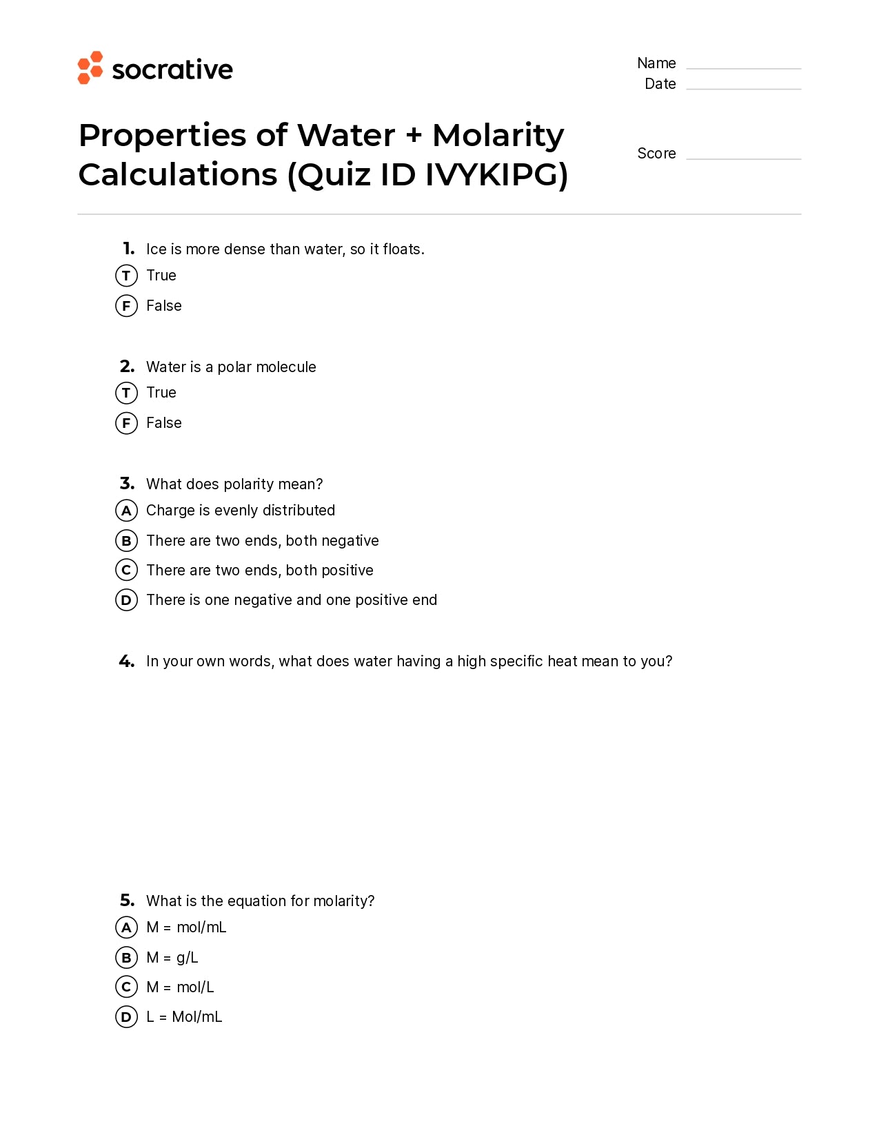 Properties Of Water + Molarity Calculations