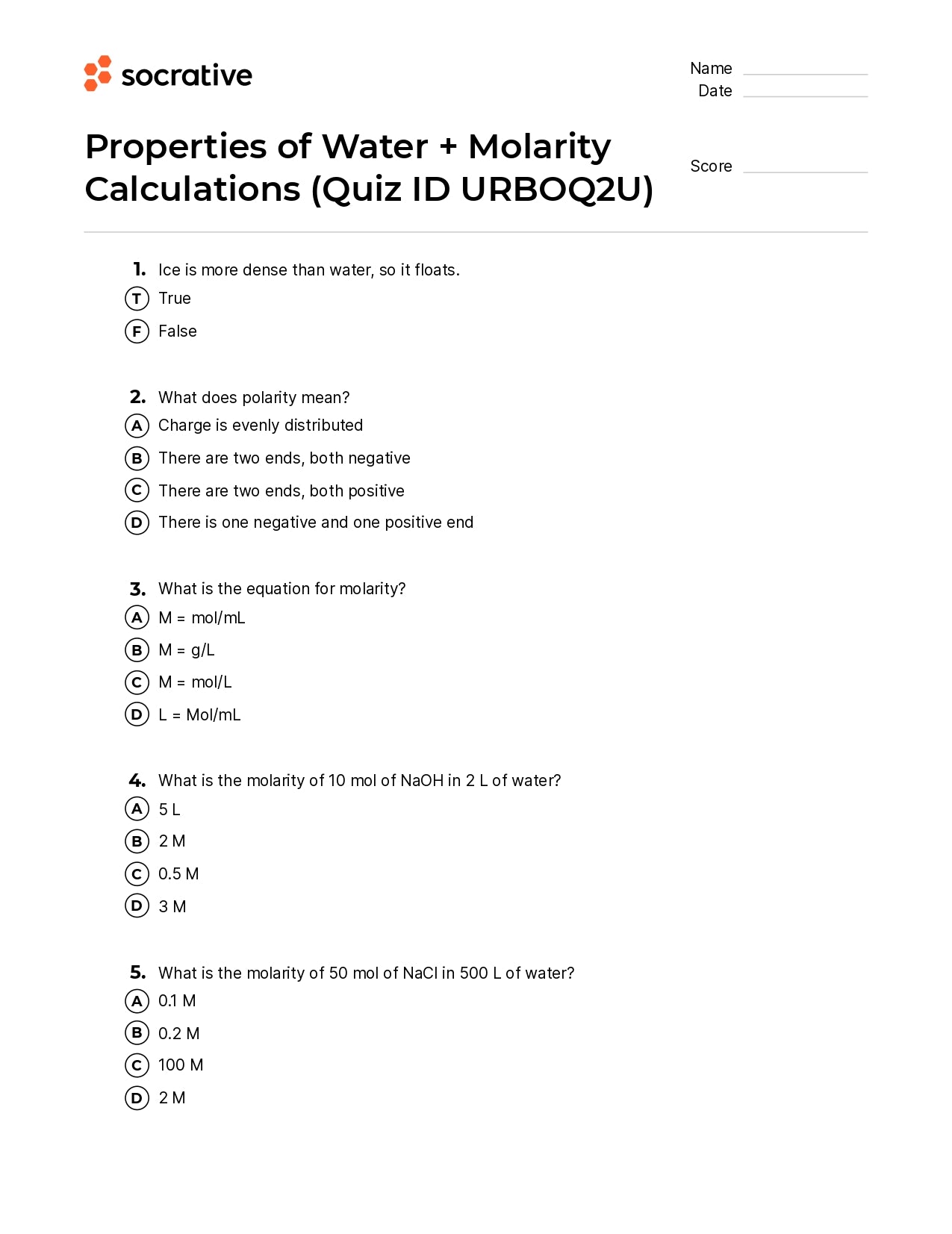 Properties Of Water + Molarity Calculations