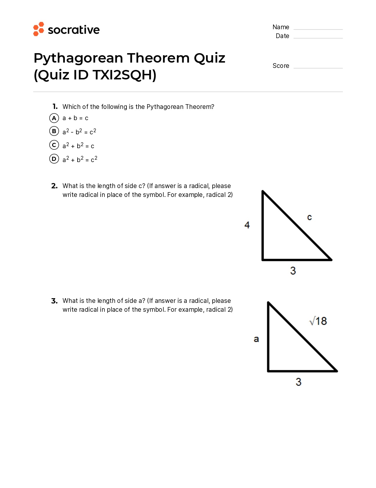 Pythagorean  Theorem Quiz