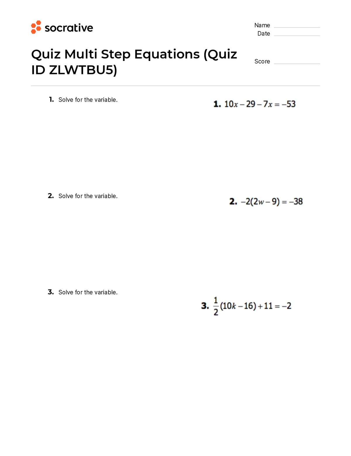 Quiz Multi Step Equations – Quiz Shop