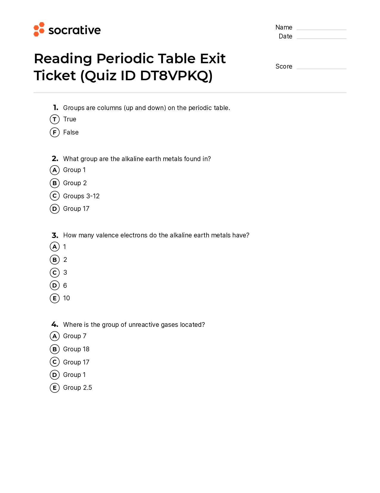 Reading Periodic Table Exit Ticket