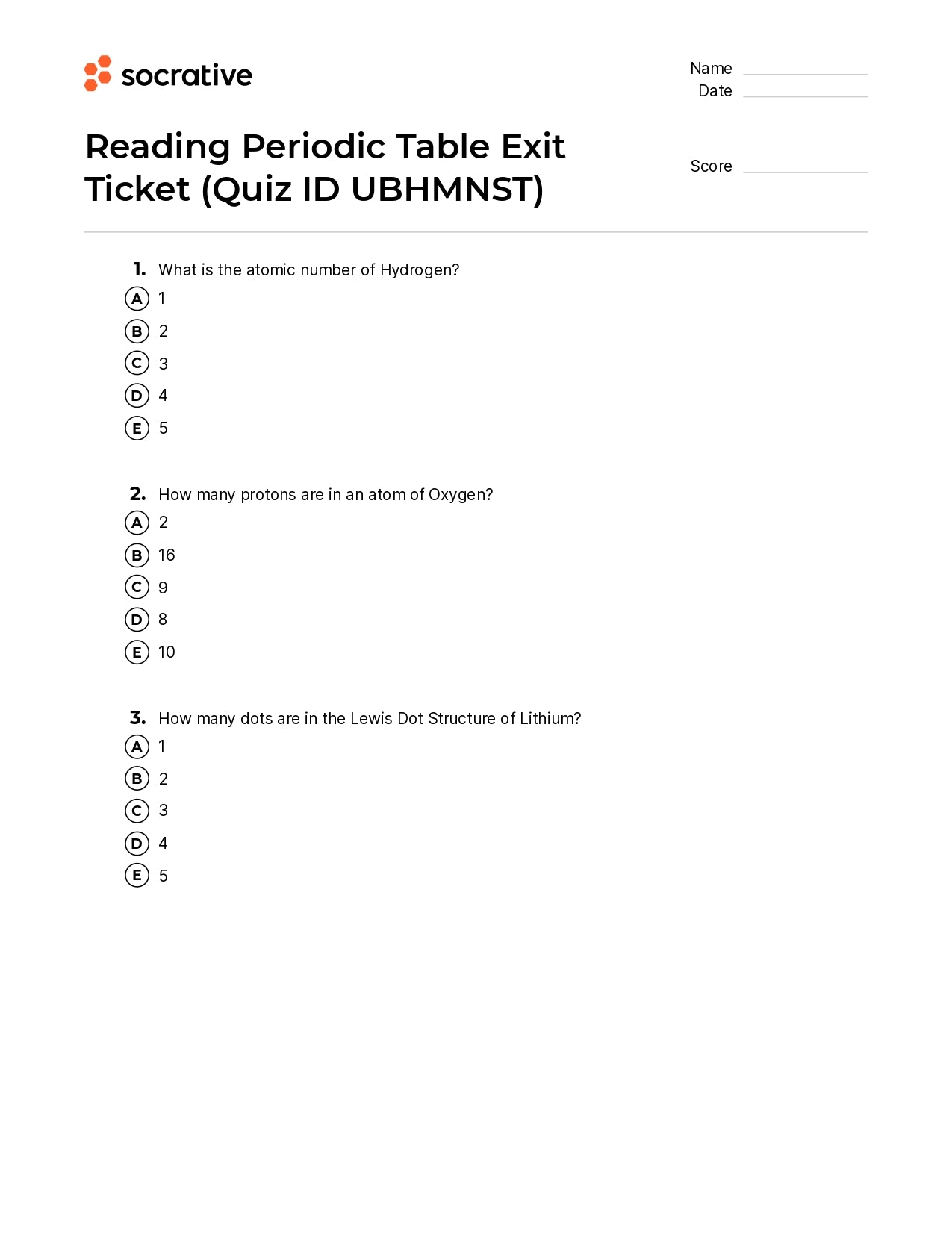 Reading Periodic Table Exit Ticket