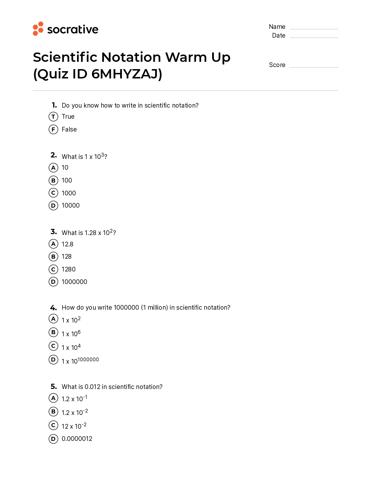 Scientific Notation Warm Up