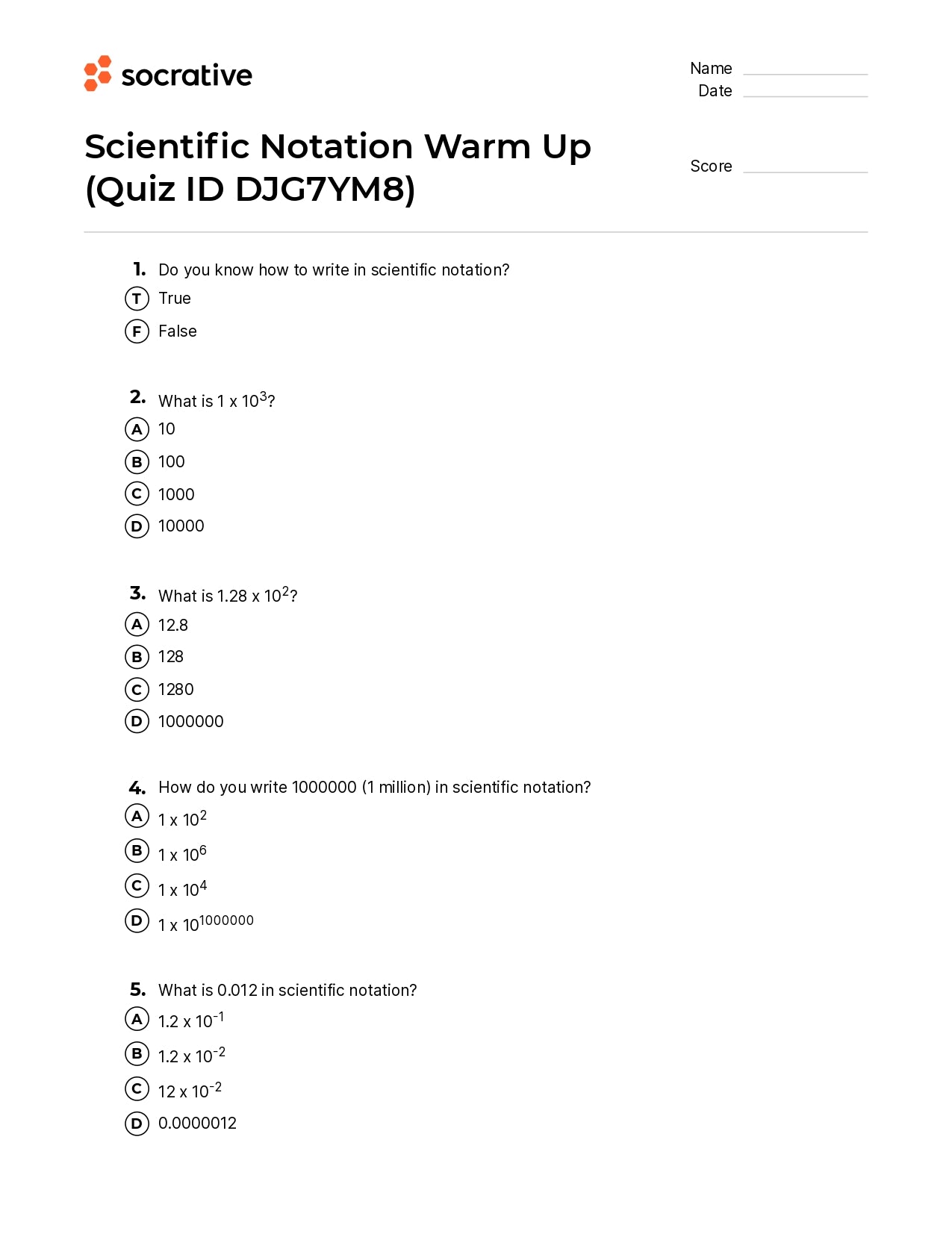 Scientific Notation Warm Up