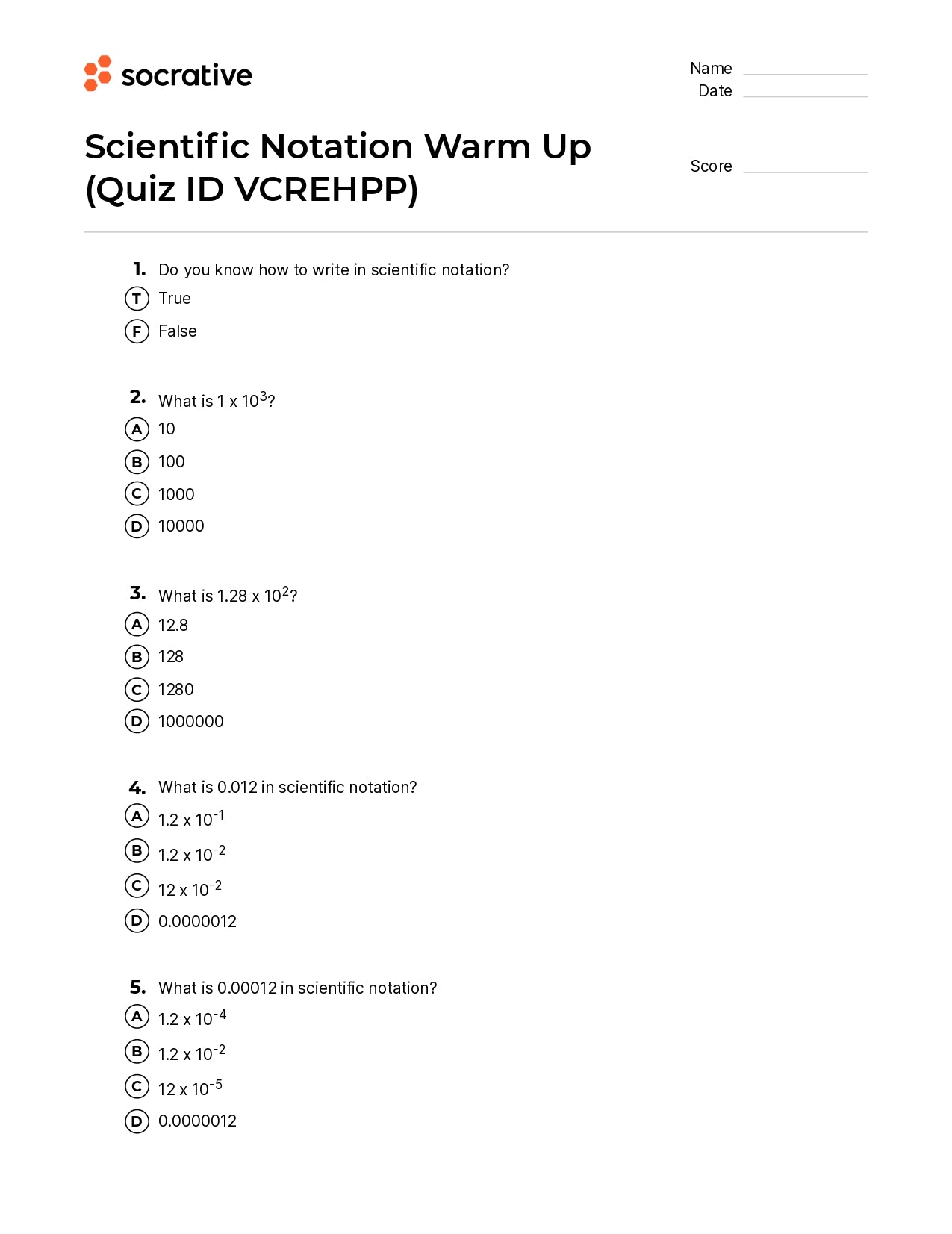 Scientific Notation Warm Up