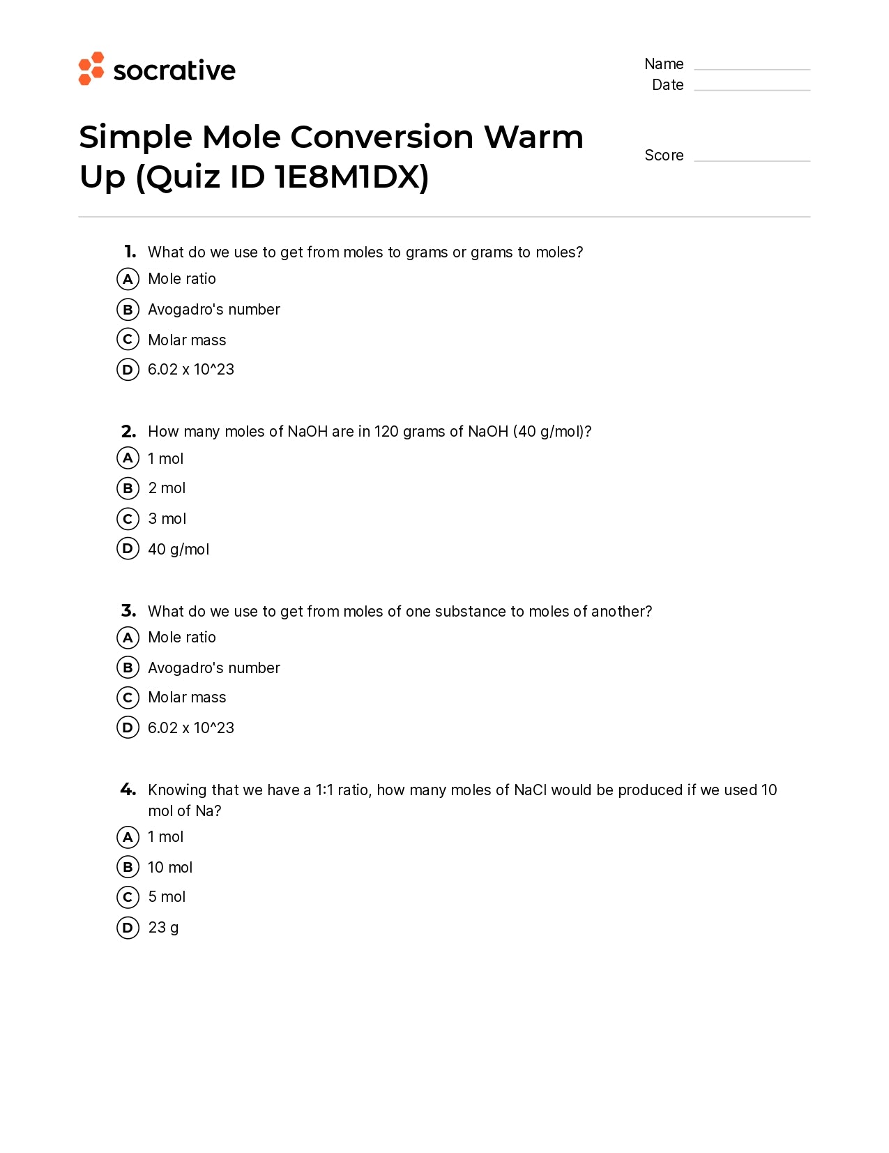 Simple Mole Conversion Warm Up