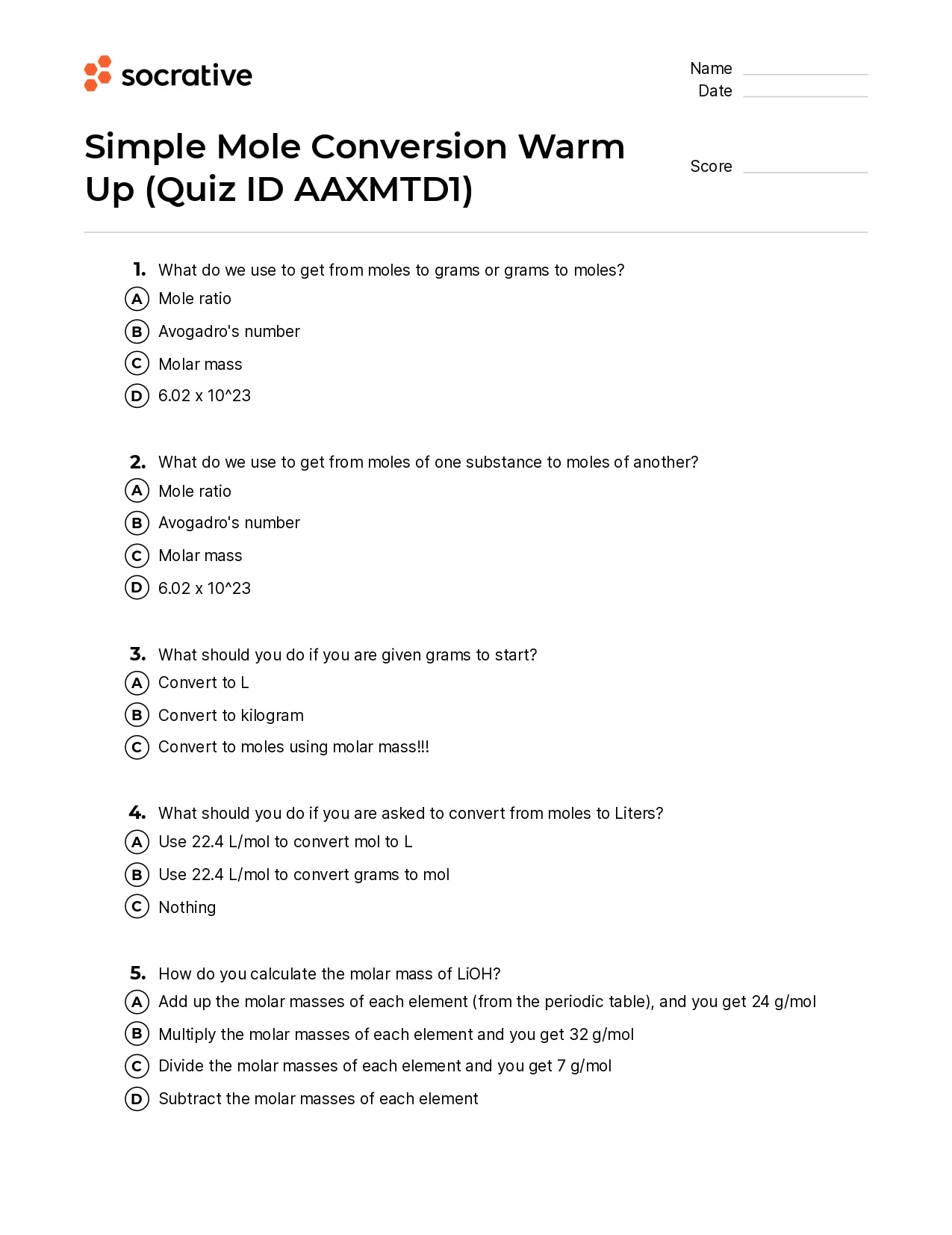 Simple Mole Conversion Warm Up