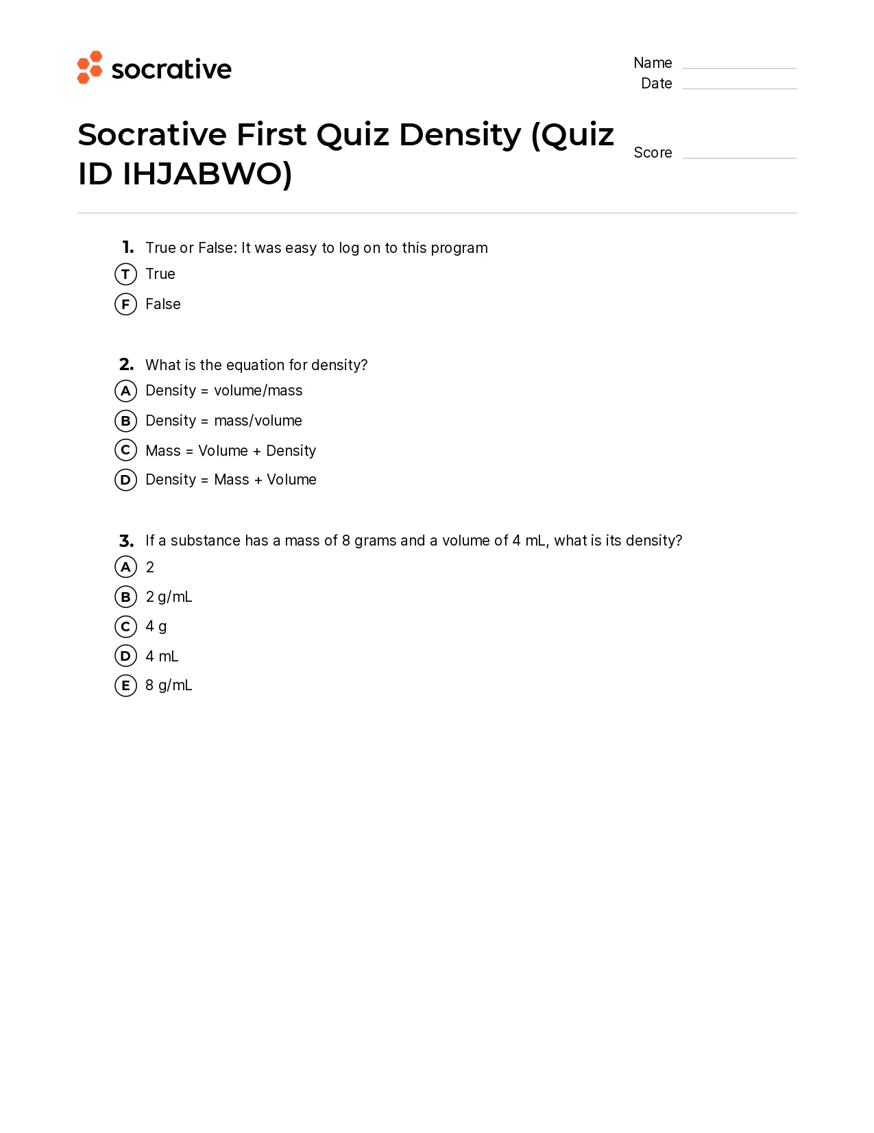 Socrative First Quiz Density