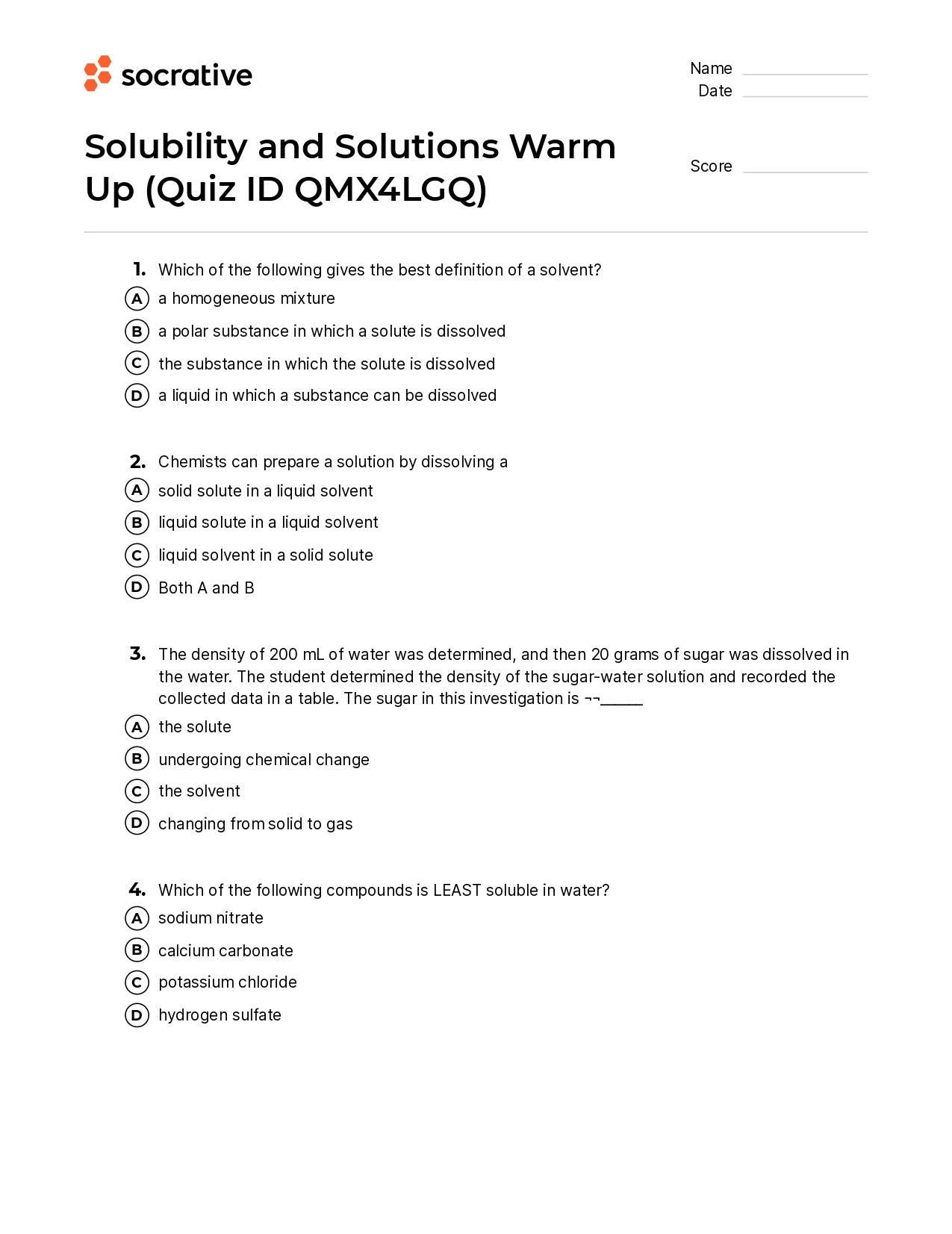 Solubility And Solutions Warm Up