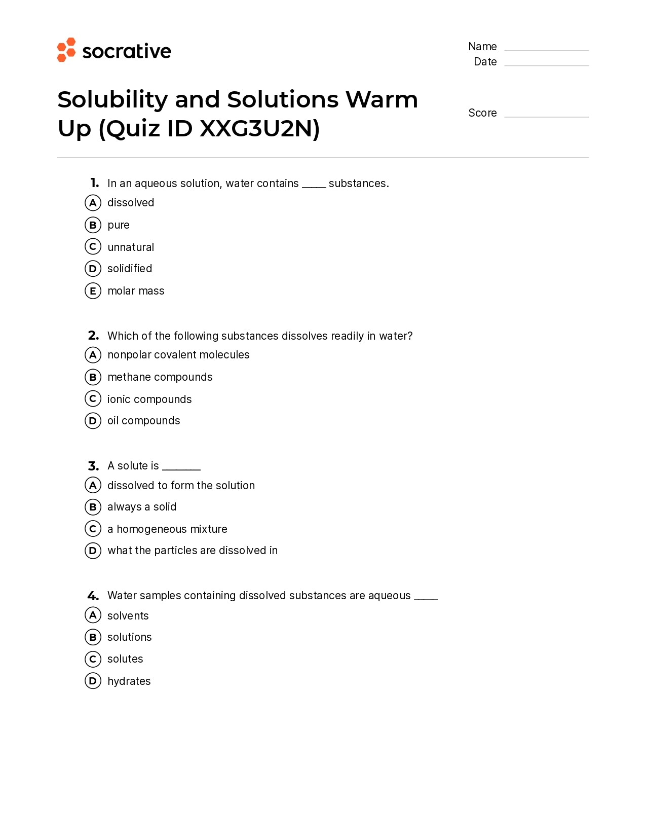 Solubility And Solutions Warm Up
