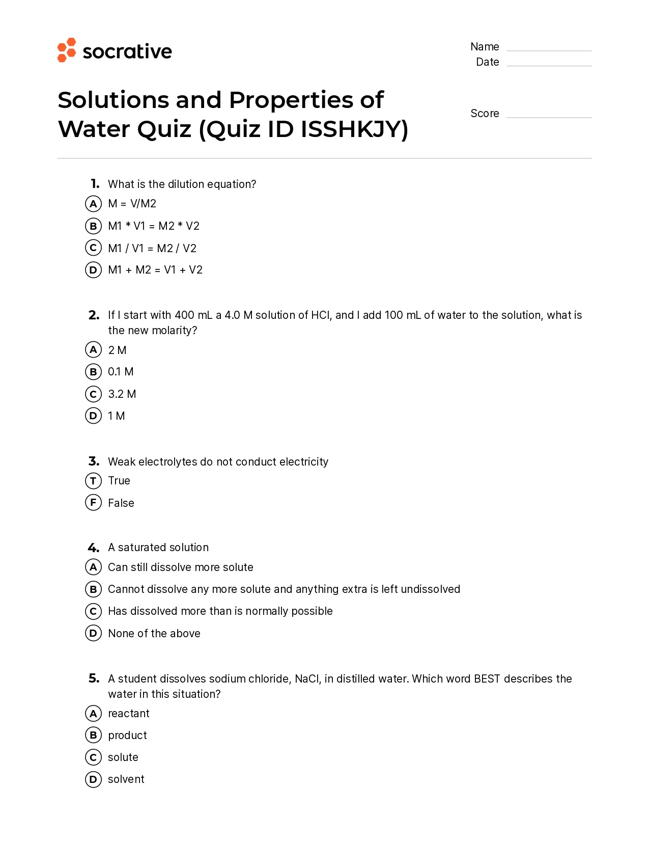 Solutions And Properties Of Water Quiz