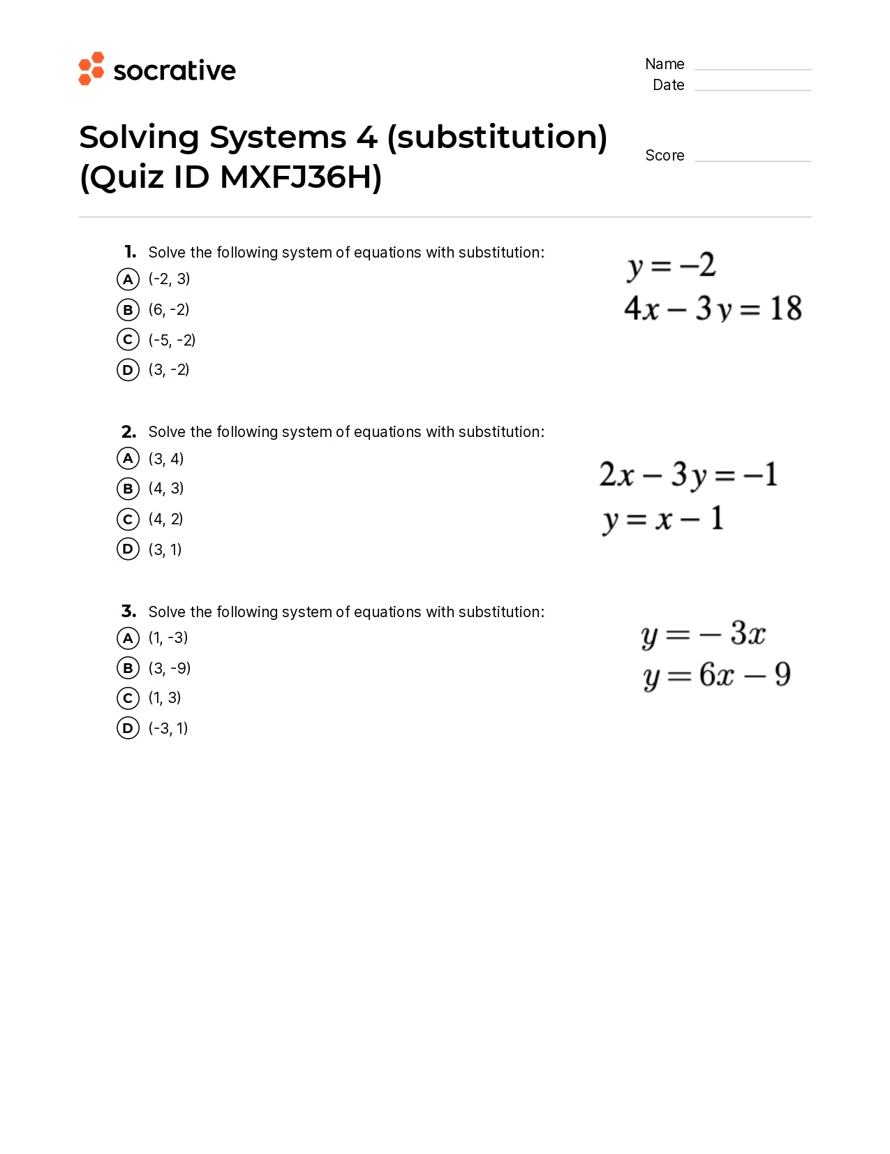 Solving Systems 4 Substitution Quiz Shop