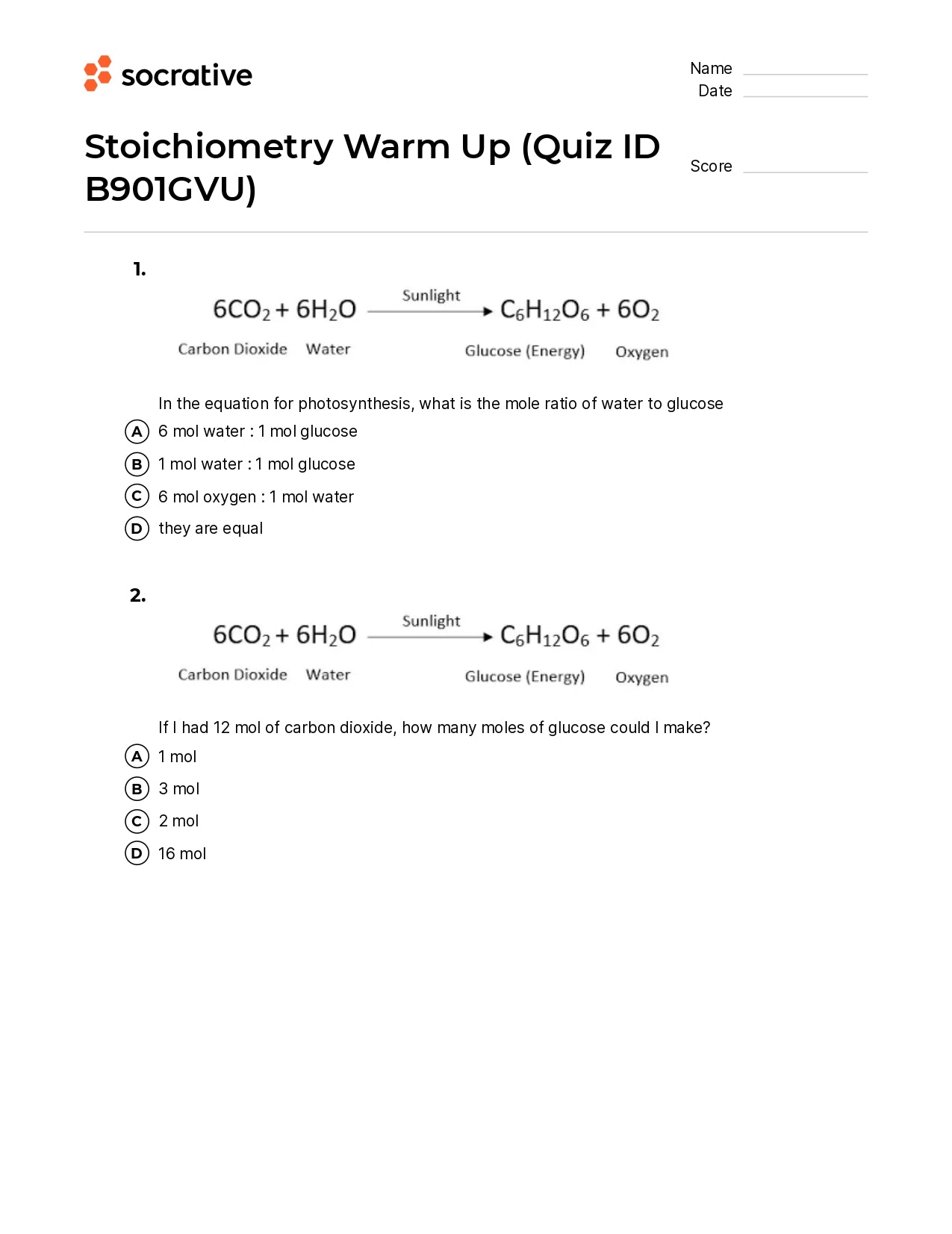 Stoichiometry Warm Up