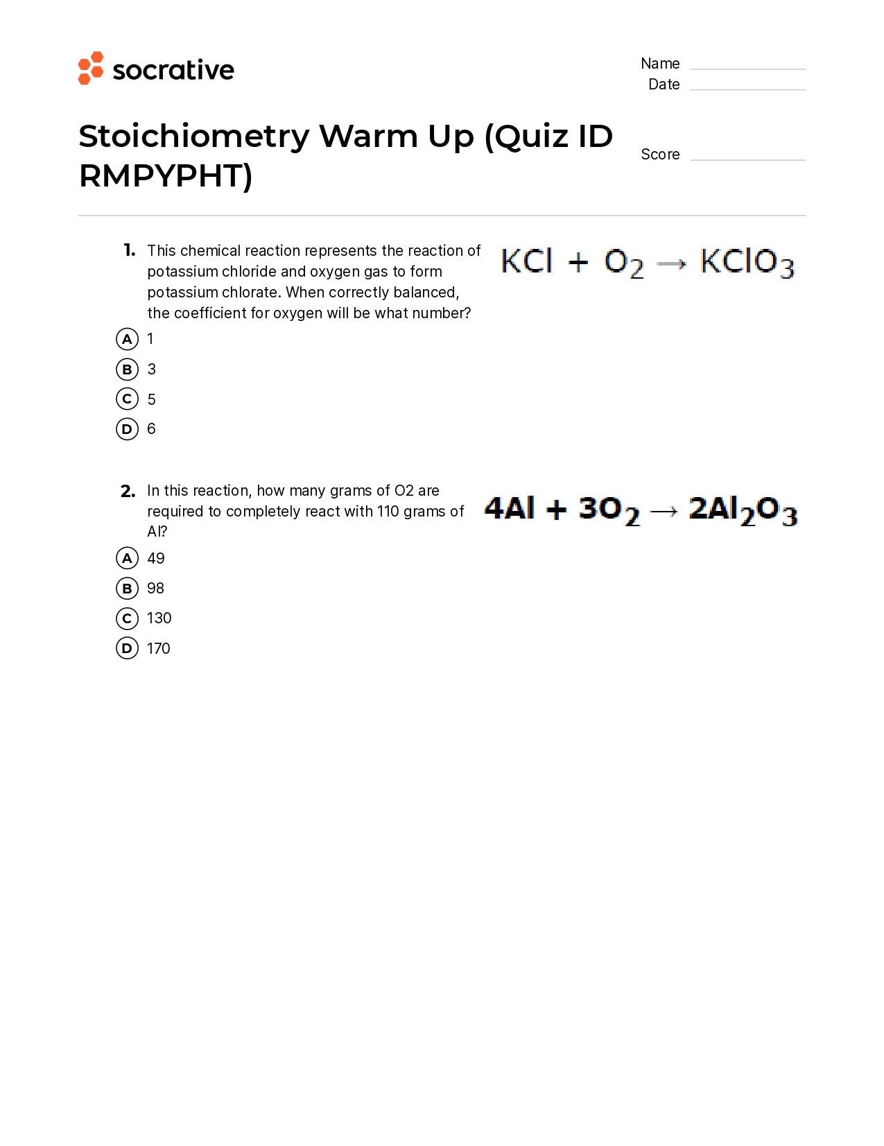 Stoichiometry Warm Up