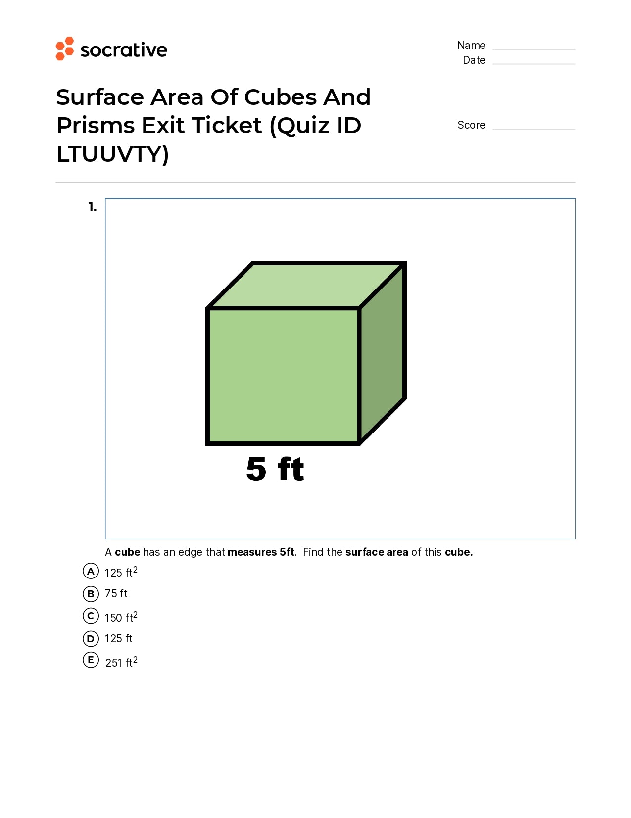 Surface Area Of Cubes And Prisms Exit Ticket