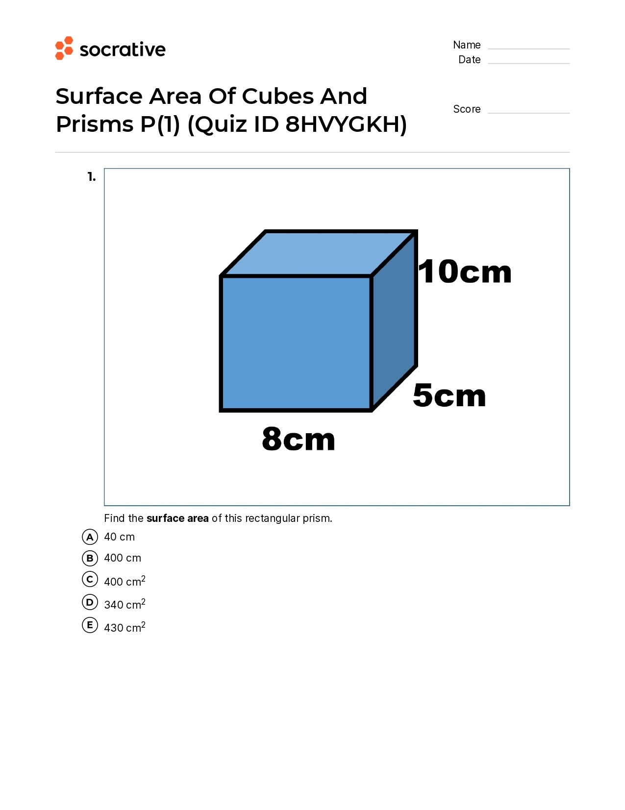Surface Area Of Cubes And Prisms P(1)