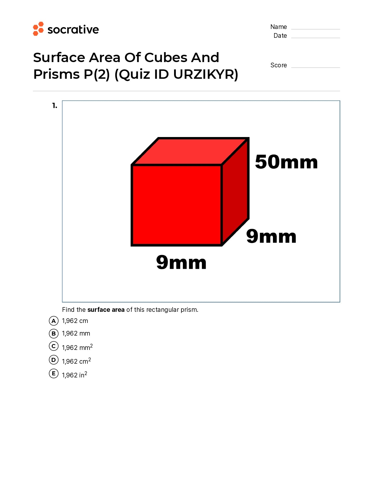 Surface Area Of Cubes And Prisms P(2)
