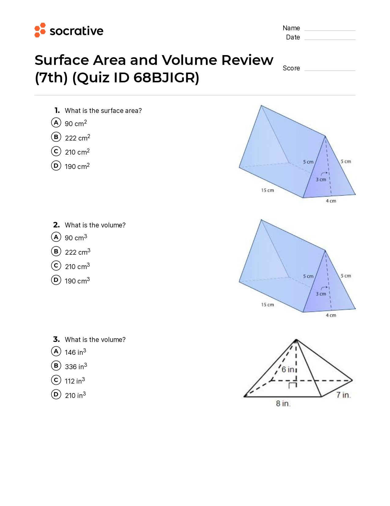 Surface Area And Volume Review (7Th)