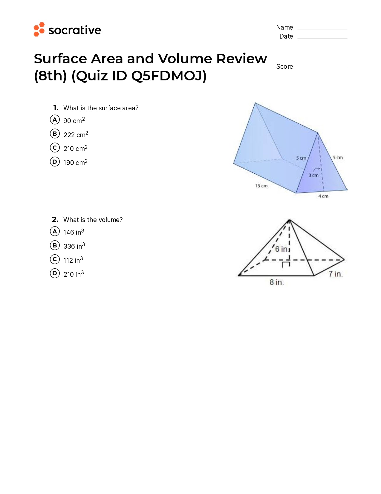 Surface Area And Volume Review (8Th)