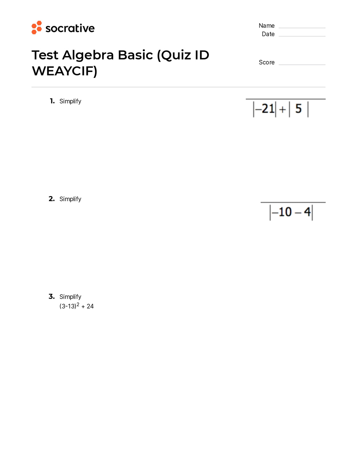 Basic Math Test Algebra Test Algebra Basic – Quiz Shop