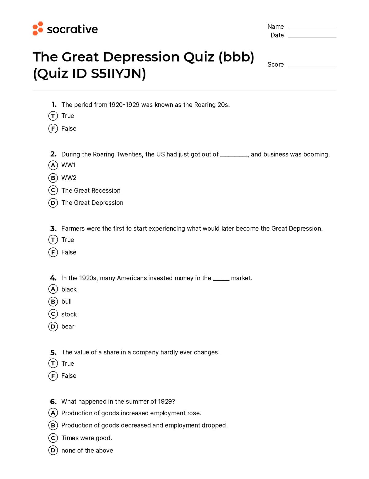 The Great Depression Quiz (Bbb) – Quiz Shop