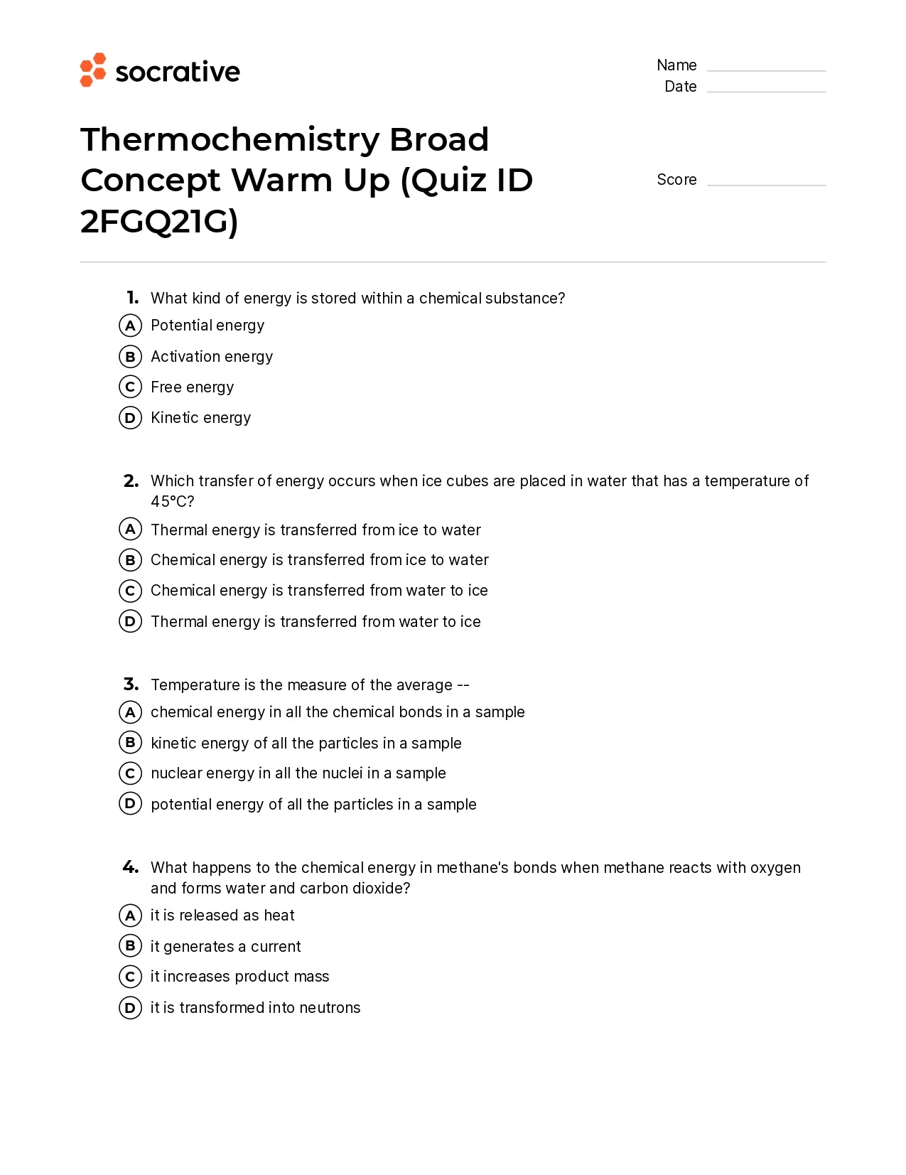 Thermochemistry Broad Concept Warm Up