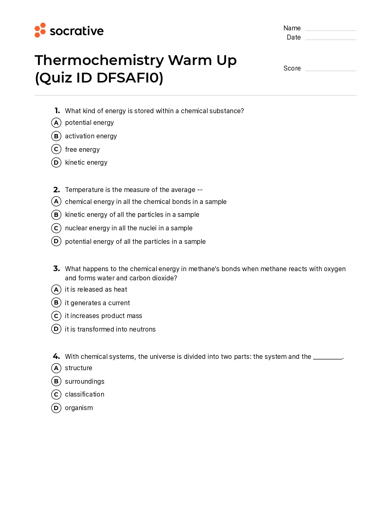 Thermochemistry Warm Up