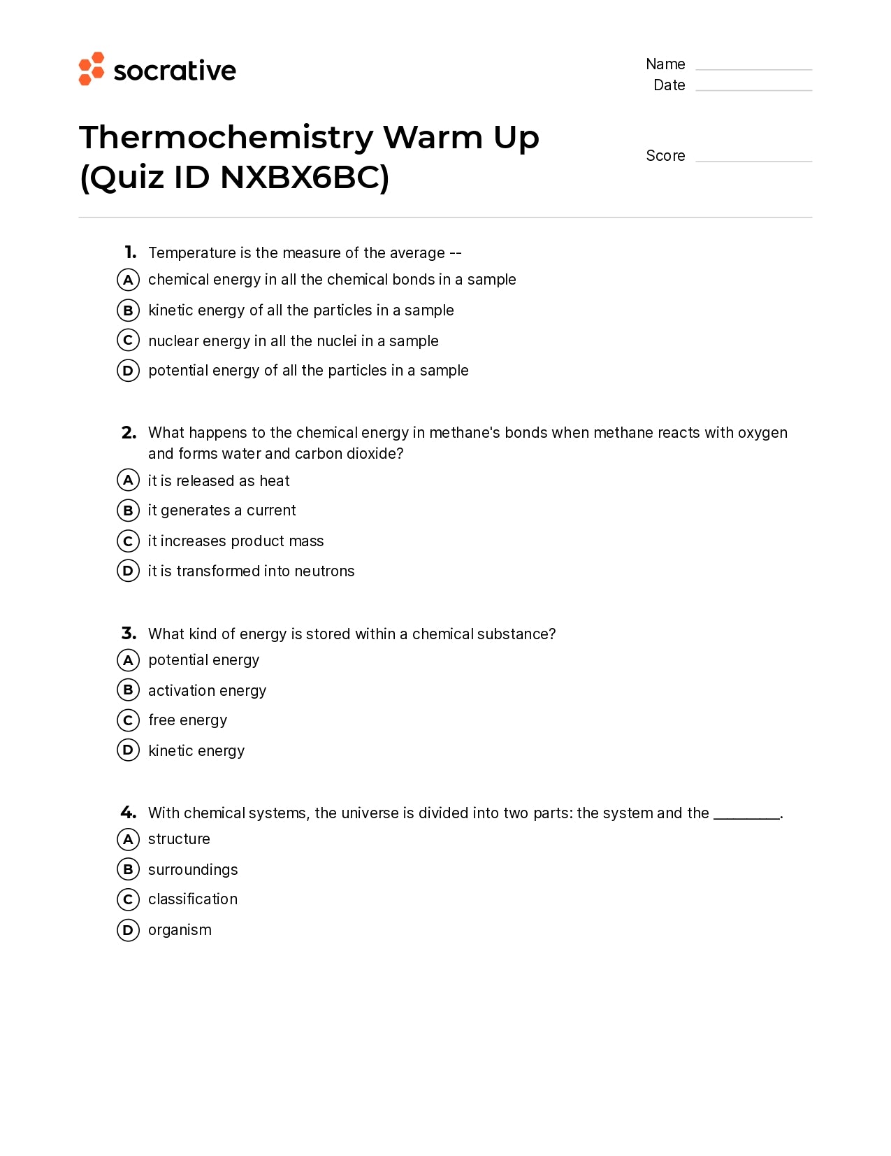 Thermochemistry Warm Up
