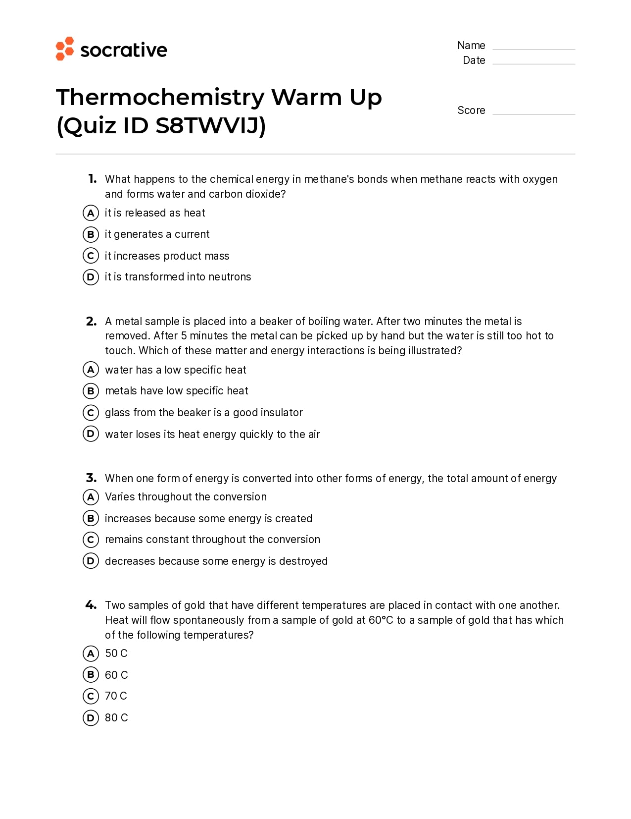 Thermochemistry Warm Up