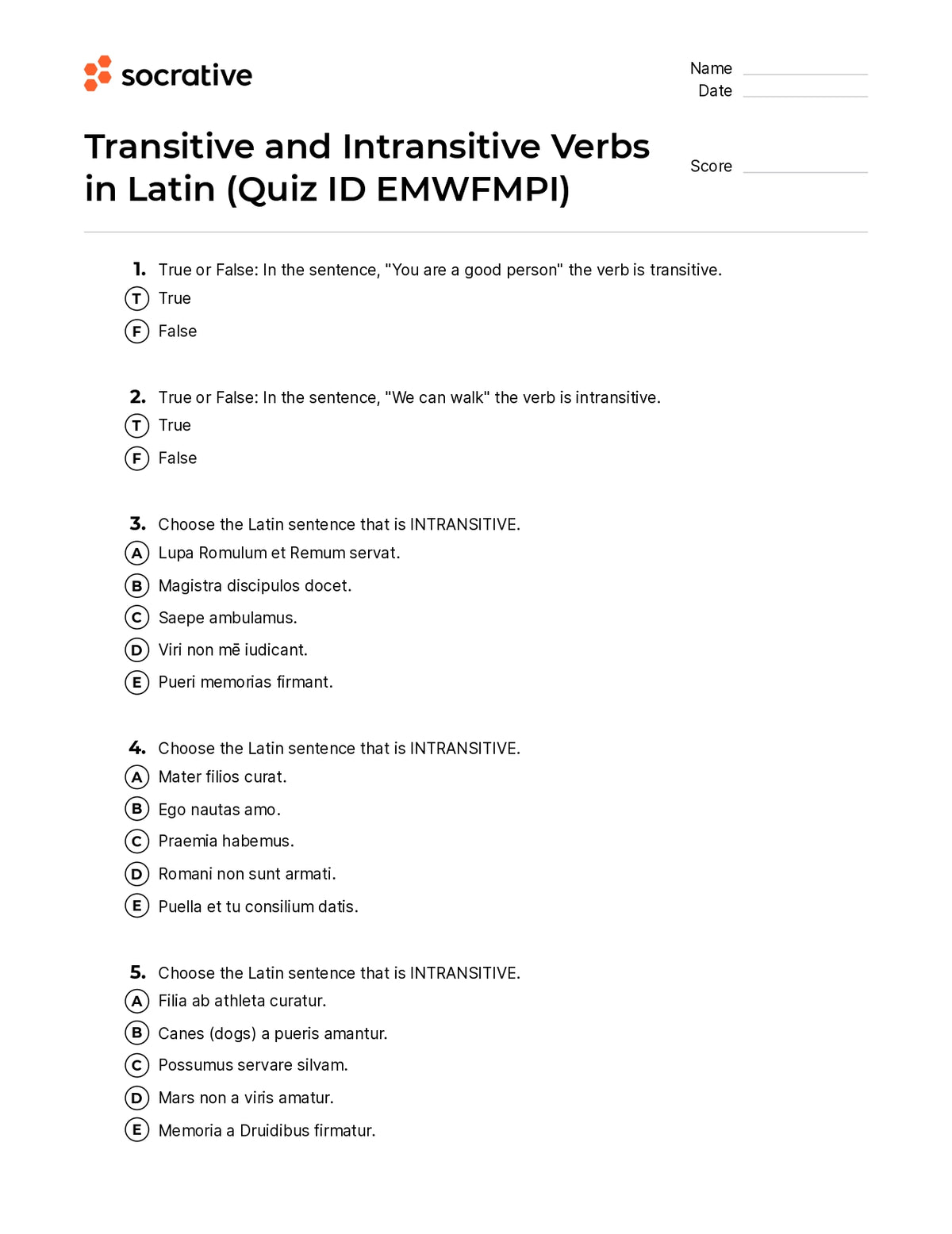 Transitive And Intransitive Verbs In Latin Quiz Shop
